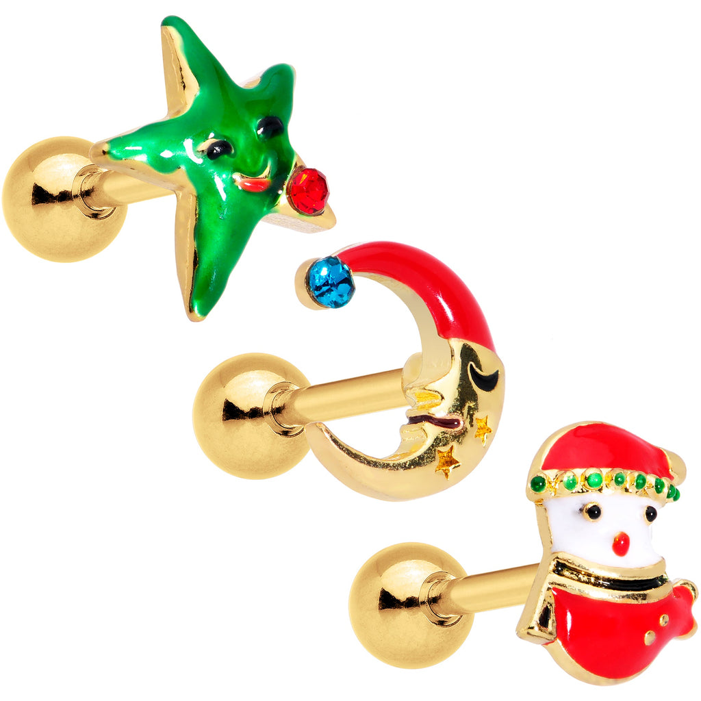 BodyCandy 16G 1/4 Red Green Gem Merry Christmas Cartilage Tragus Set of 3 — main product shot