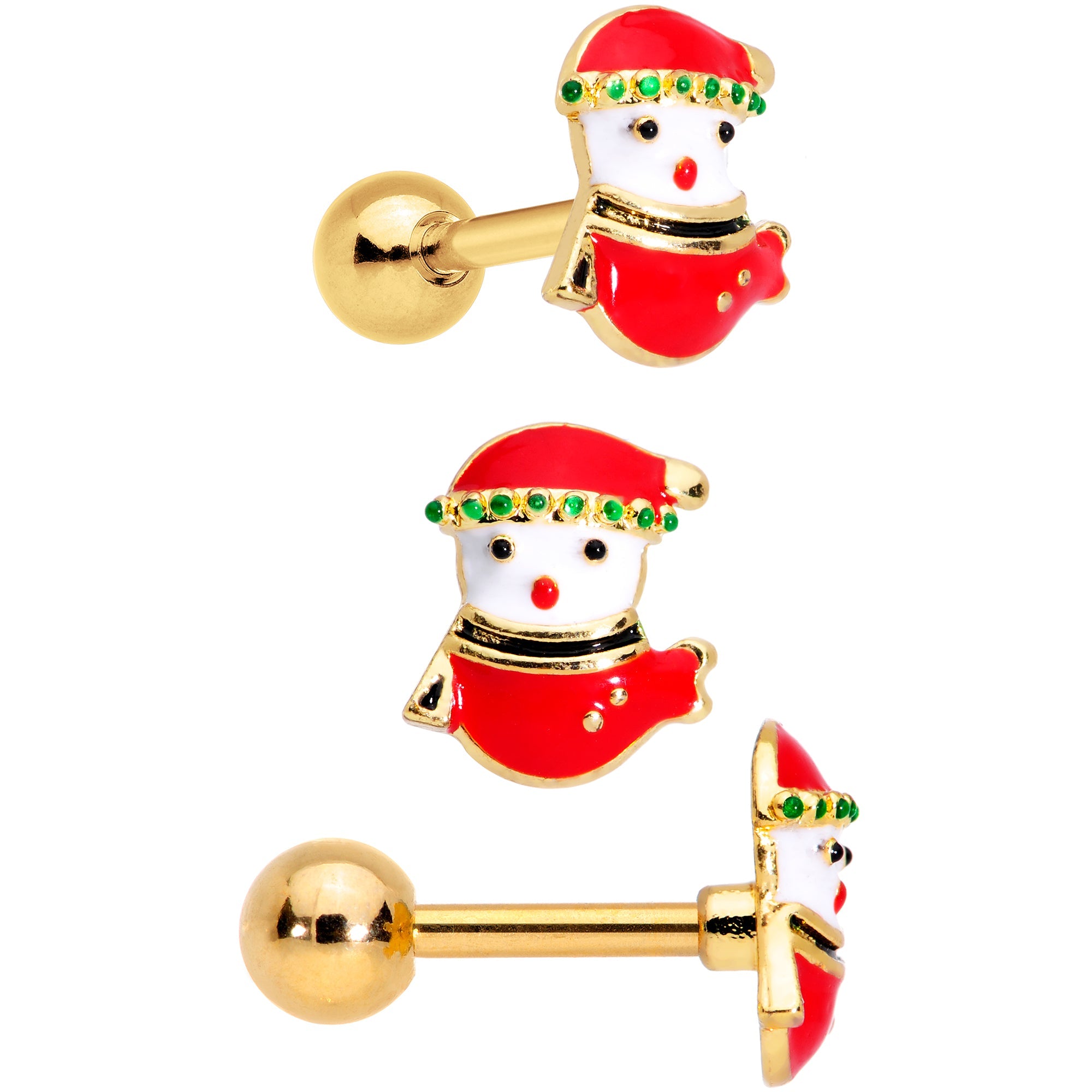 BodyCandy 16G 1/4 Red Green Gem Merry Christmas Cartilage Tragus Set of 3 — detail close-up