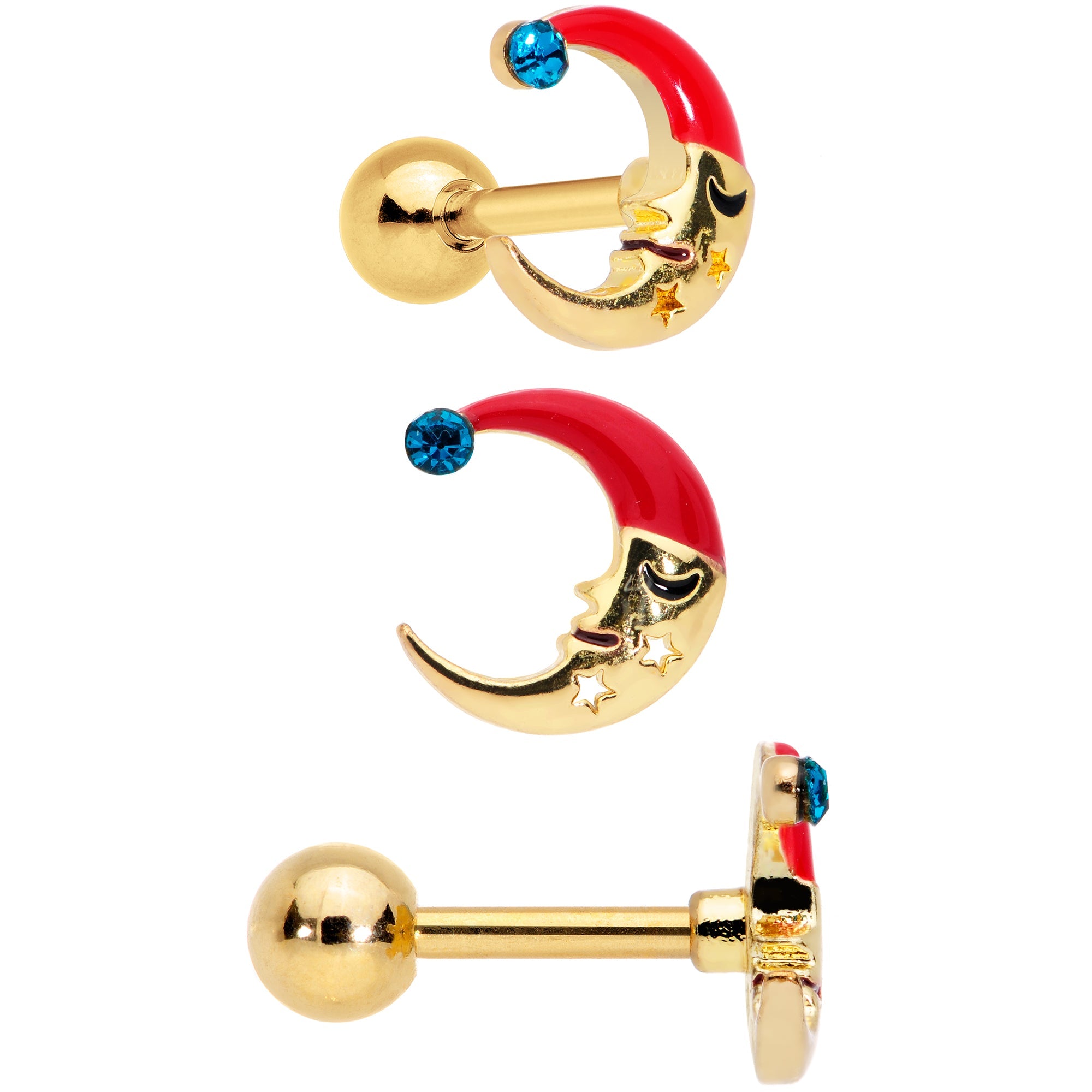 BodyCandy 16G 1/4 Red Green Gem Merry Christmas Cartilage Tragus Set of 3 — side view