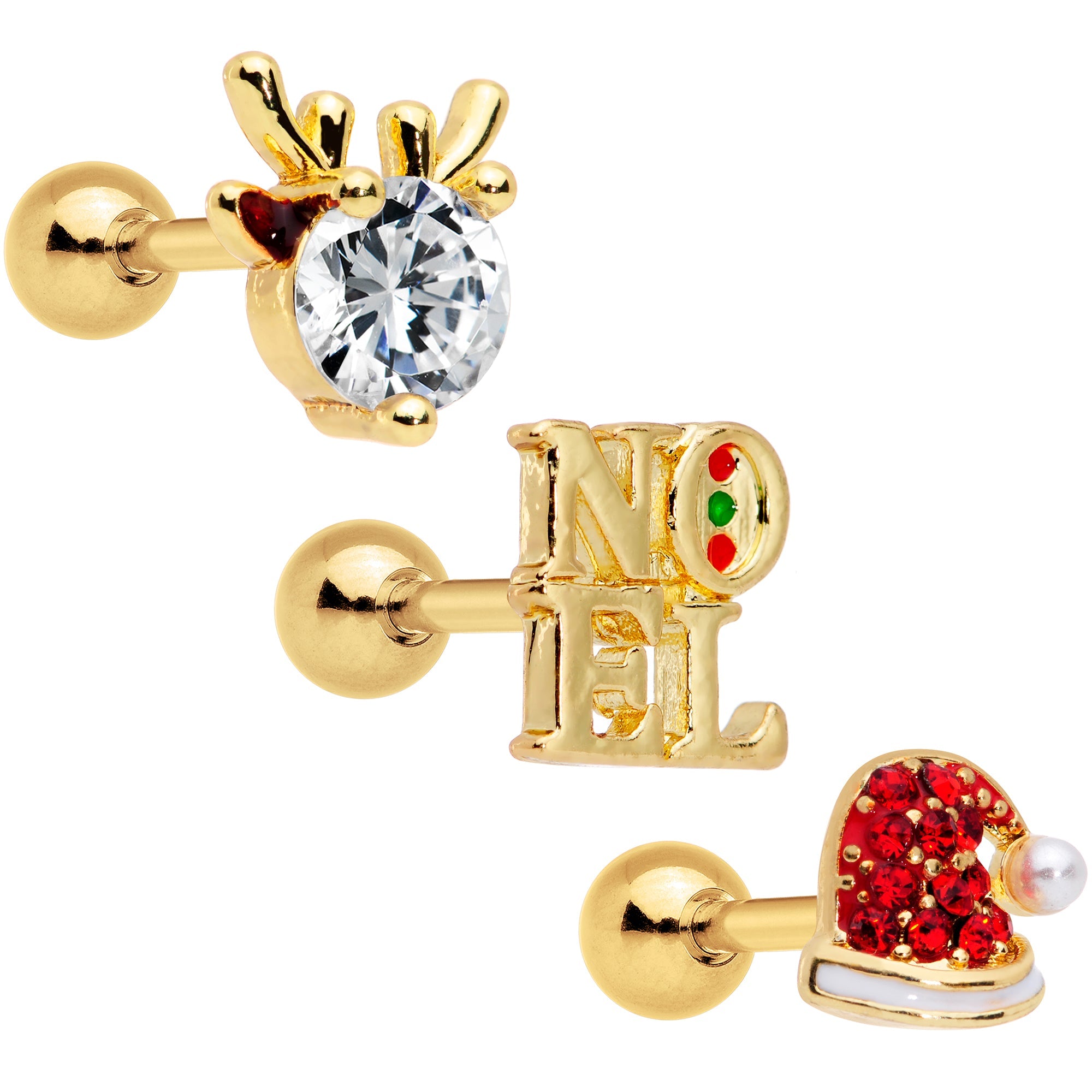 BodyCandy 16G 1/4 Clear Red Gem Noel Christmas Cartilage Tragus Set of 3 — main product shot