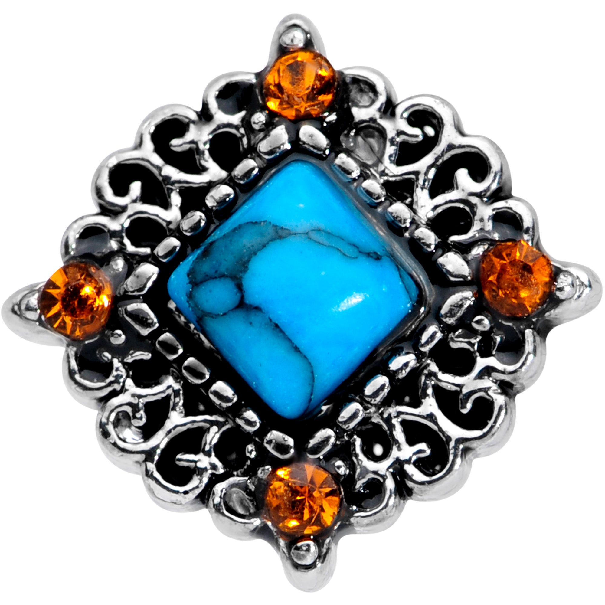 BodyCandy 20G 5/16 Yellow Gem Blue Faux Turquoise Rhombus Nose Ring — detail close-up