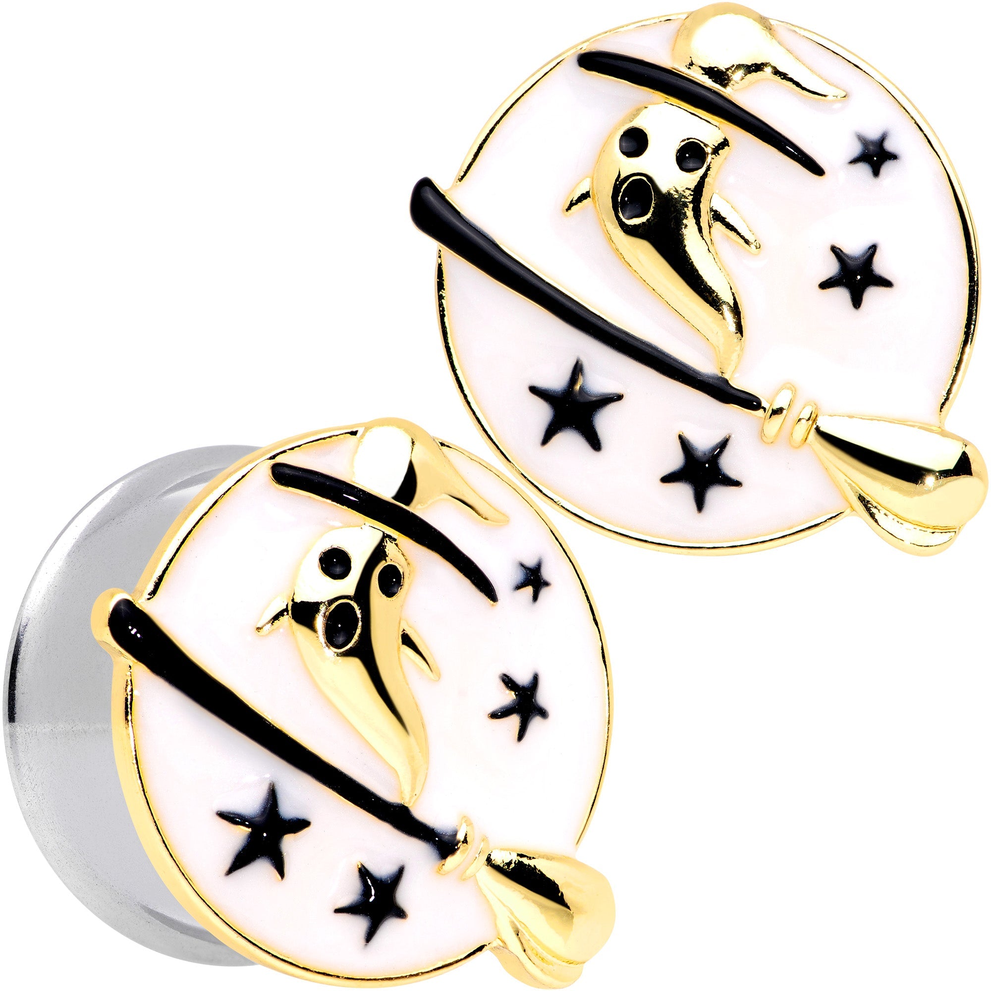 BodyCandy White Witch Ghost Broom Halloween Double Flare Plug Set — fabric or material detail