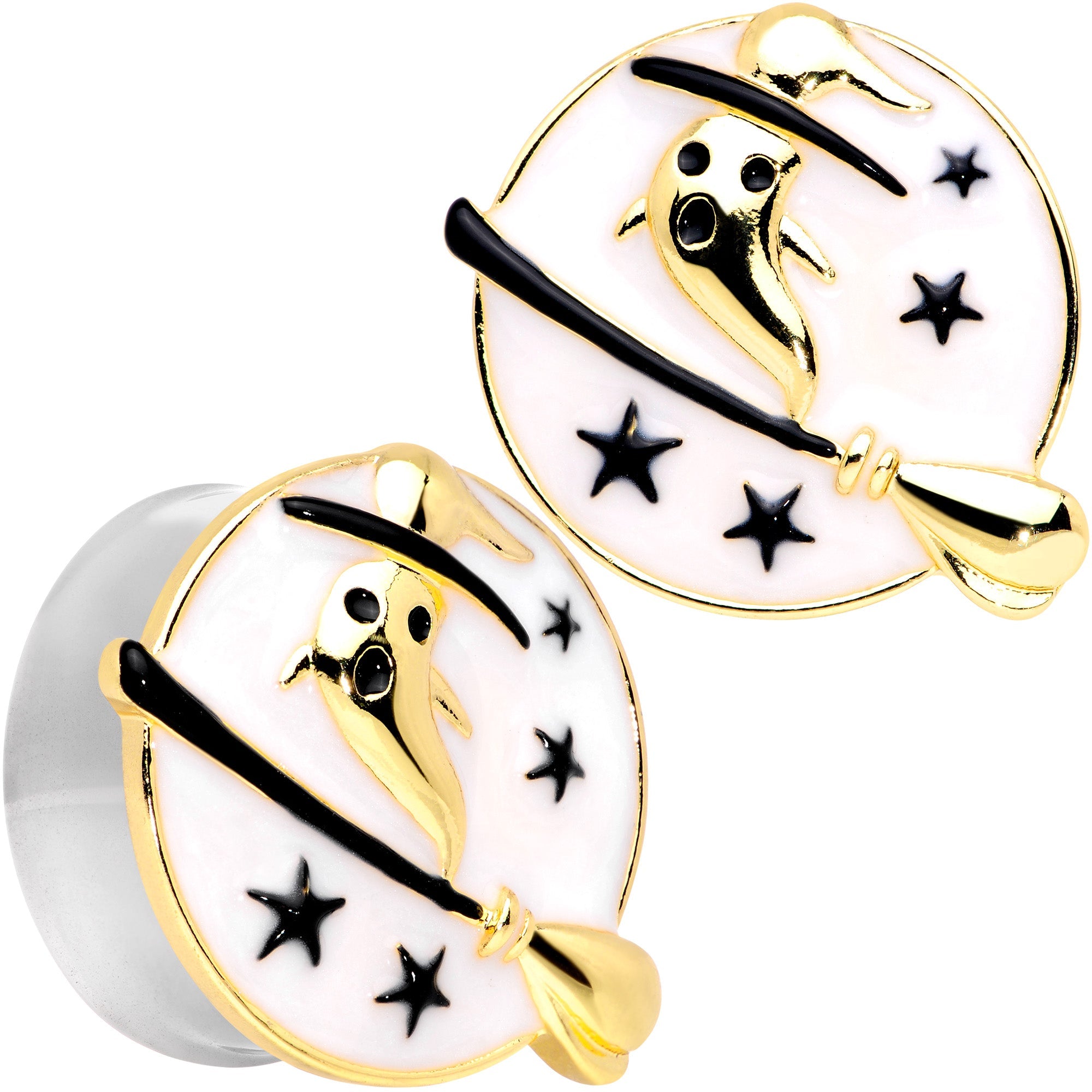 BodyCandy White Witch Ghost Broom Halloween Double Flare Plug Set — main product shot
