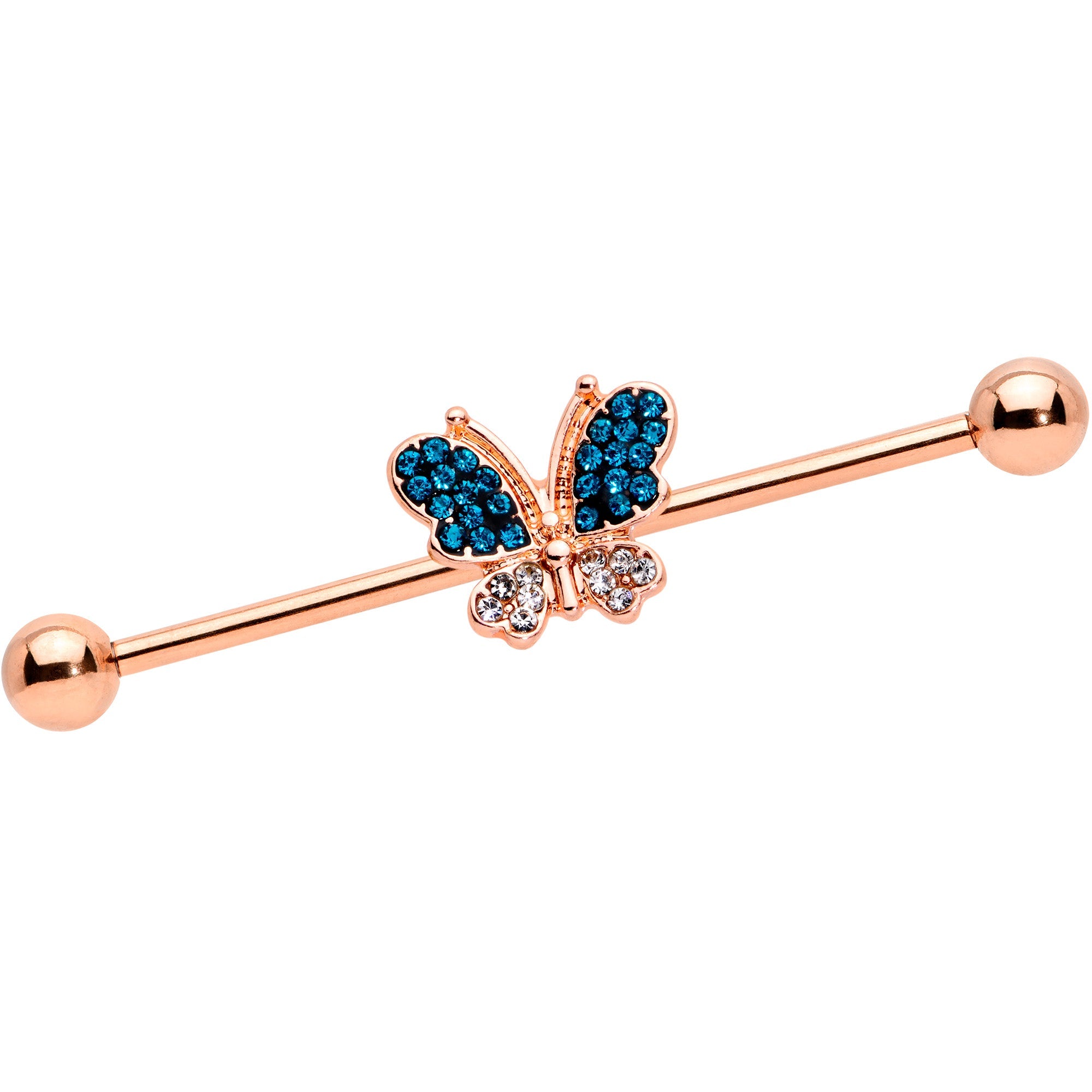 BodyCandy 14G Aqua Gem Rose Gold Hue Butterfly Industrial Barbell 38mm — main product shot