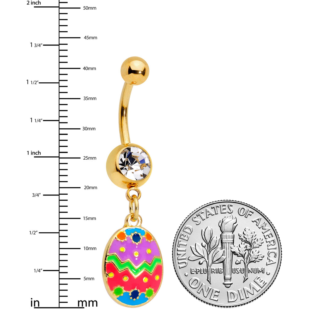 BodyCandy Clear Gem Gold Tone Multicolor Funky Easter Egg Dangle Belly Ring — detail close-up