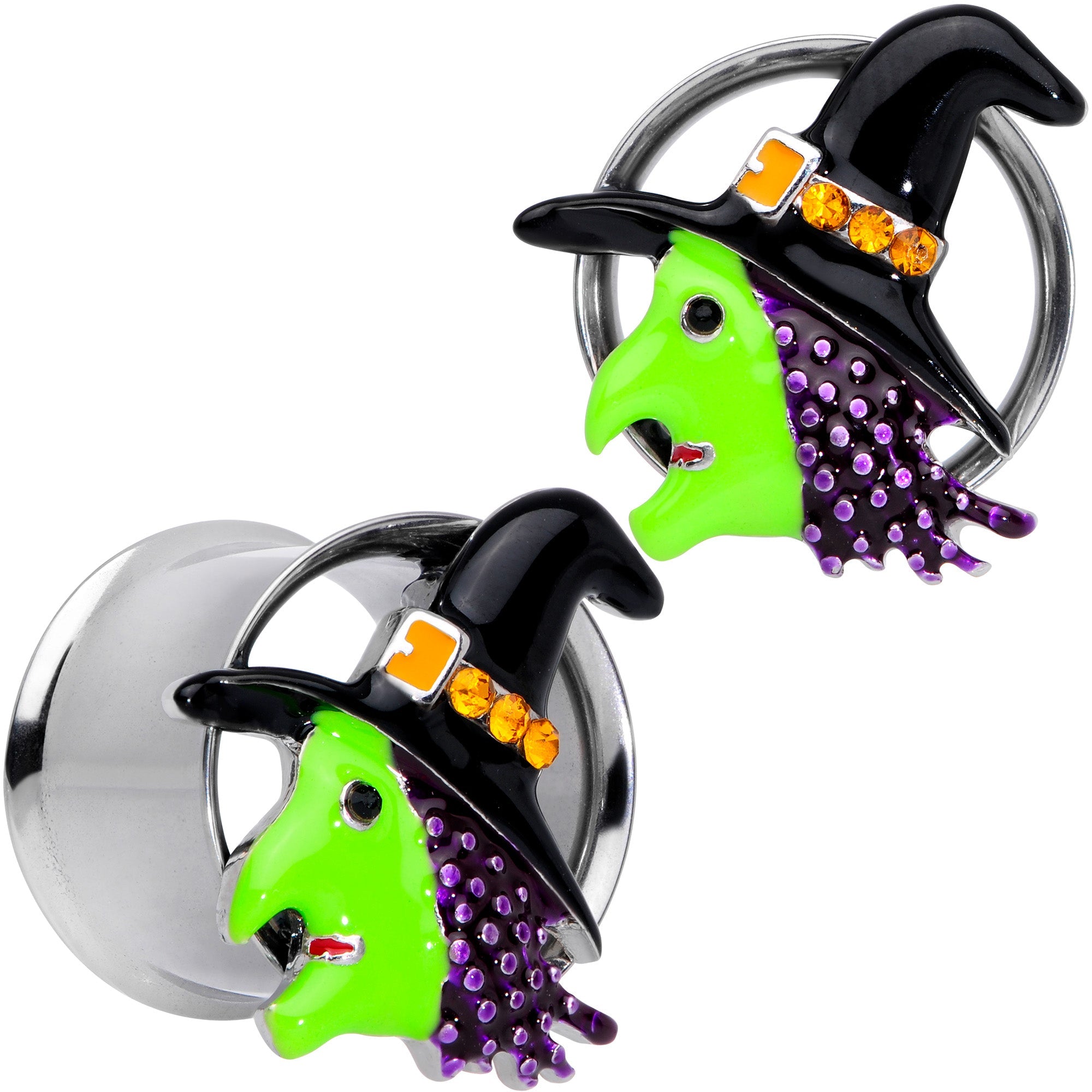 BodyCandy Orange Gem Green Witch Halloween Double Flare Tunnel Plug Set — in-use photo
