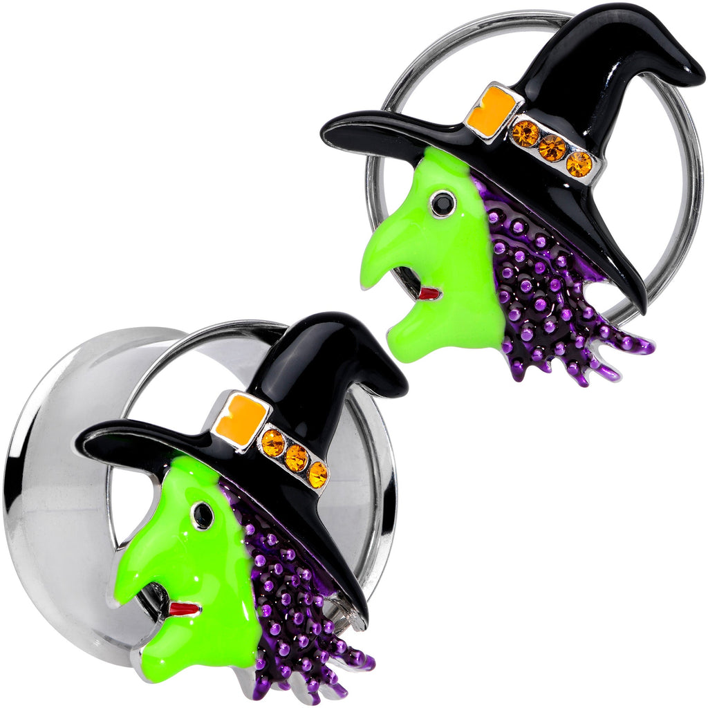 BodyCandy Orange Gem Green Witch Halloween Double Flare Tunnel Plug Set — color detail
