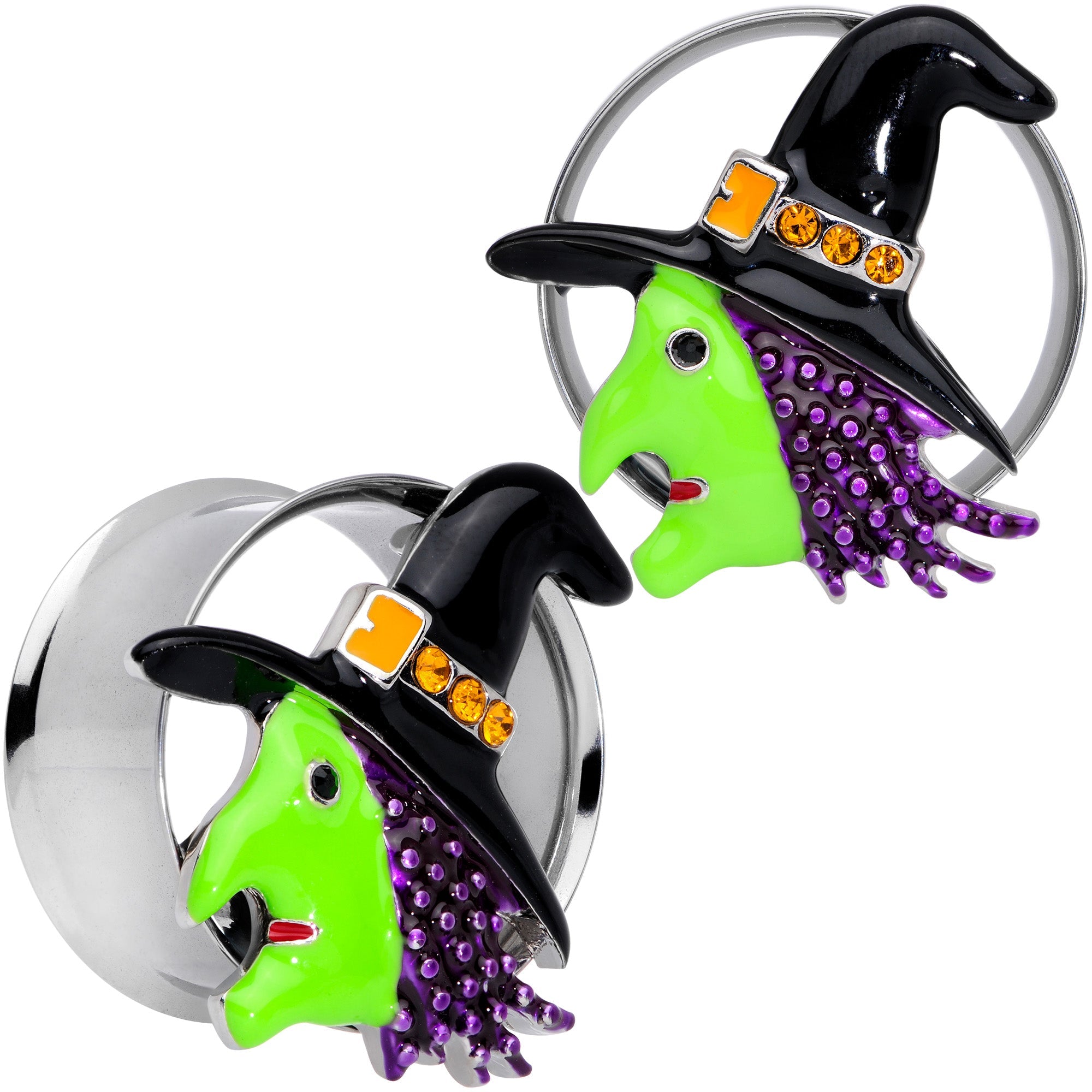 BodyCandy Orange Gem Green Witch Halloween Double Flare Tunnel Plug Set — packaging