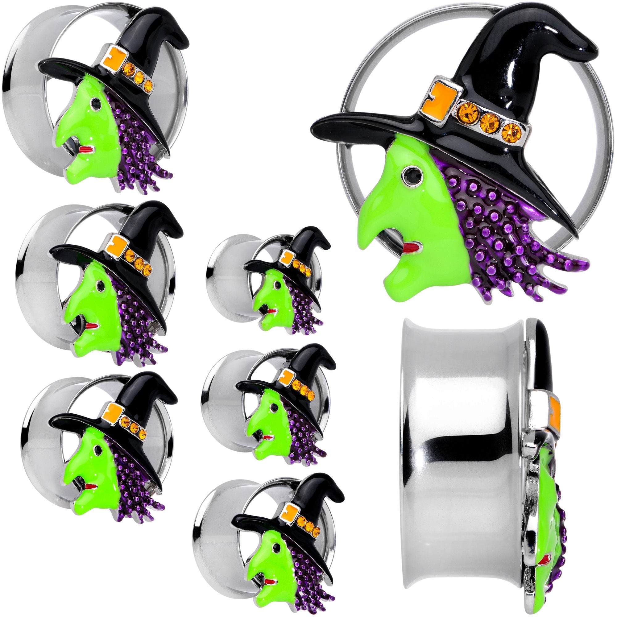 BodyCandy Orange Gem Green Witch Halloween Double Flare Tunnel Plug Set — main product shot