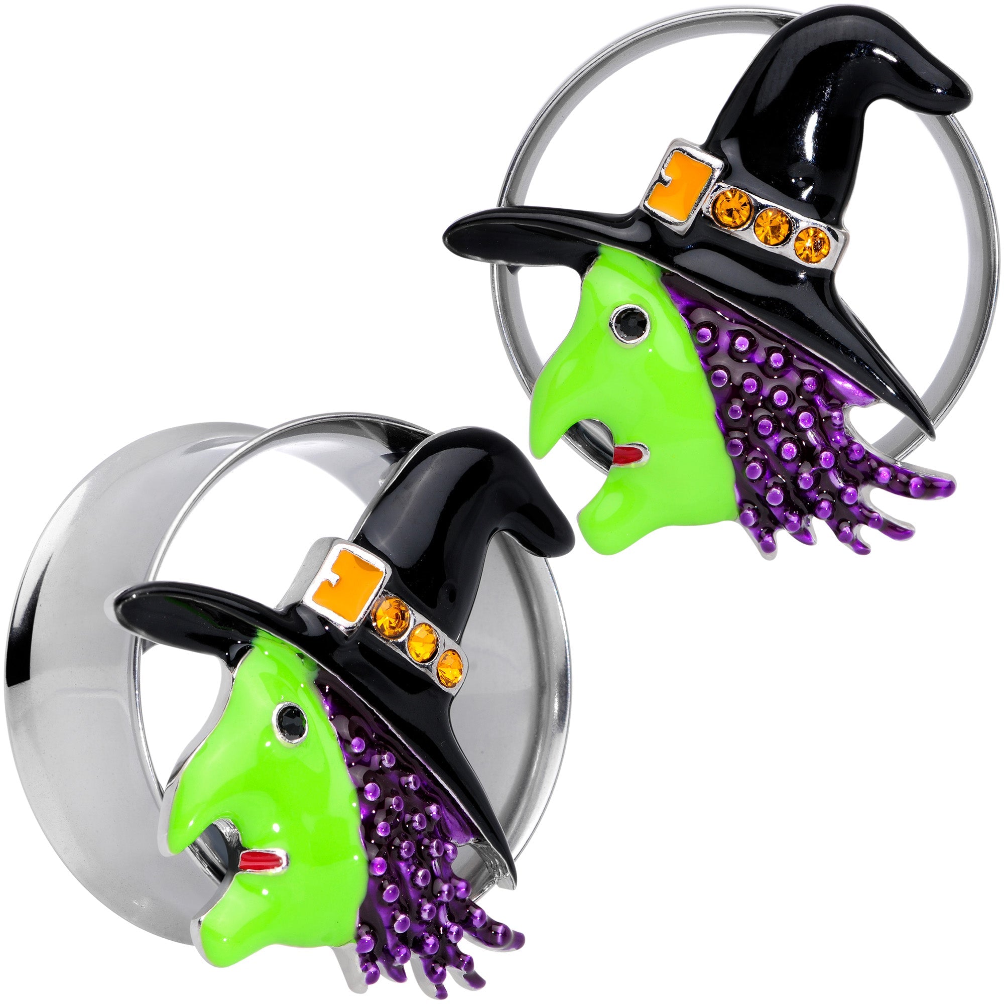 BodyCandy Orange Gem Green Witch Halloween Double Flare Tunnel Plug Set — detail close-up