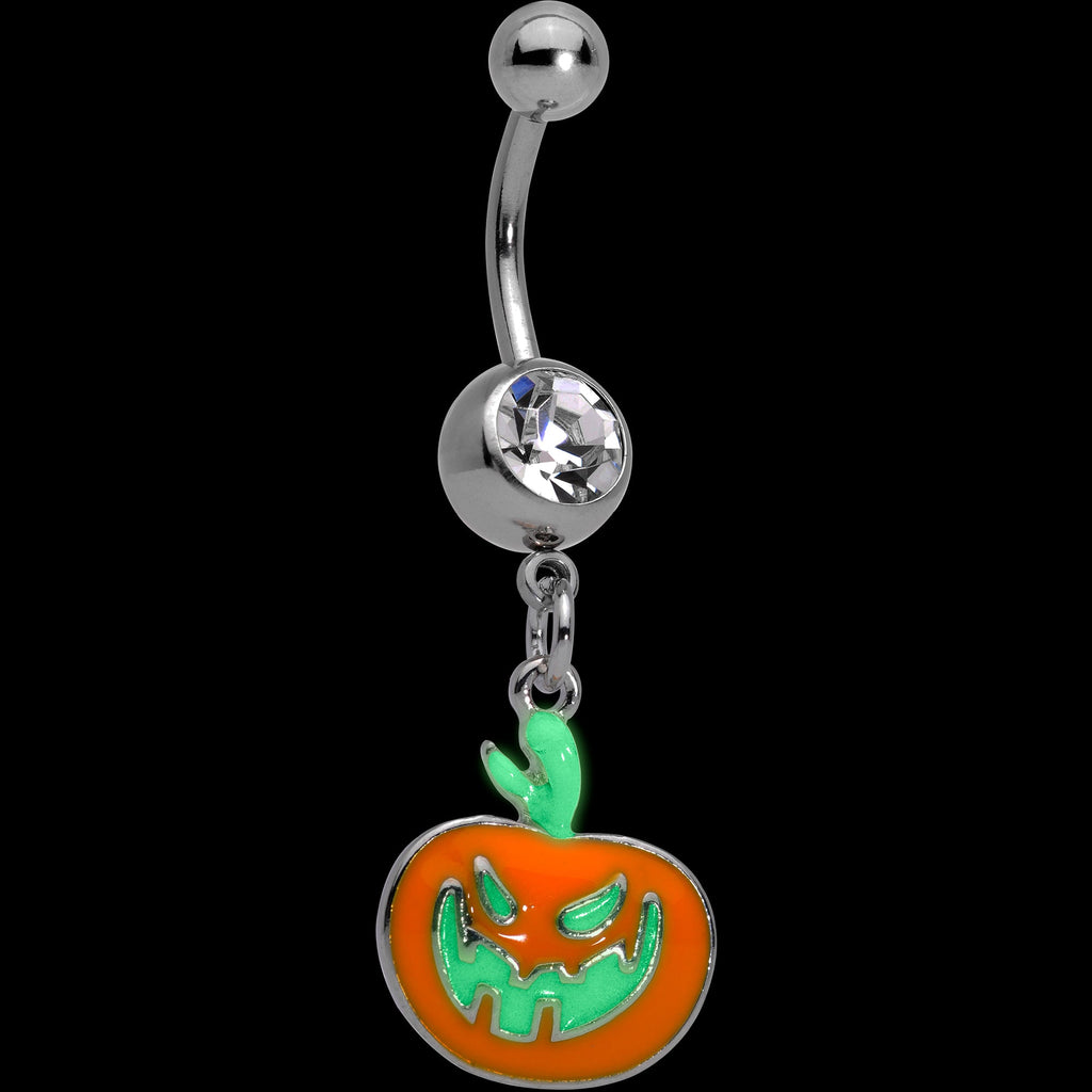 BodyCandy Clear Gem Fierce Pumpkin Jack O Lantern Halloween Dangle Belly Ring — detail close-up