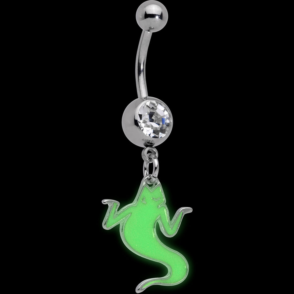 BodyCandy Clear Gem White Ghost Glow in the Dark Halloween Dangle Belly Ring — detail close-up
