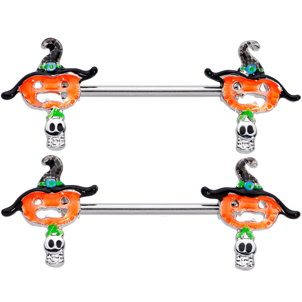 BodyCandy 14G 9/16 Pumpkin Witch Ghost Halloween Barbell Nipple Ring Set — detail close-up