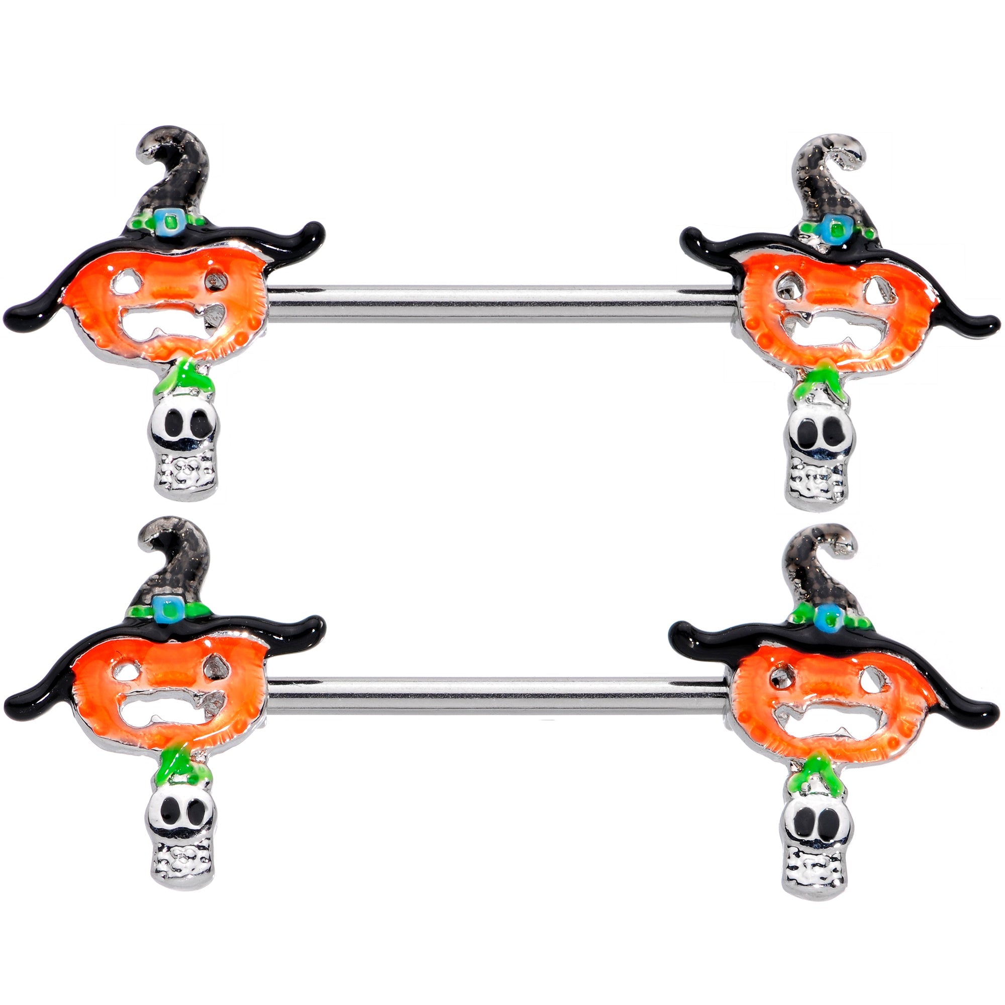 BodyCandy 14G 9/16 Pumpkin Witch Ghost Halloween Barbell Nipple Ring Set — detail close-up