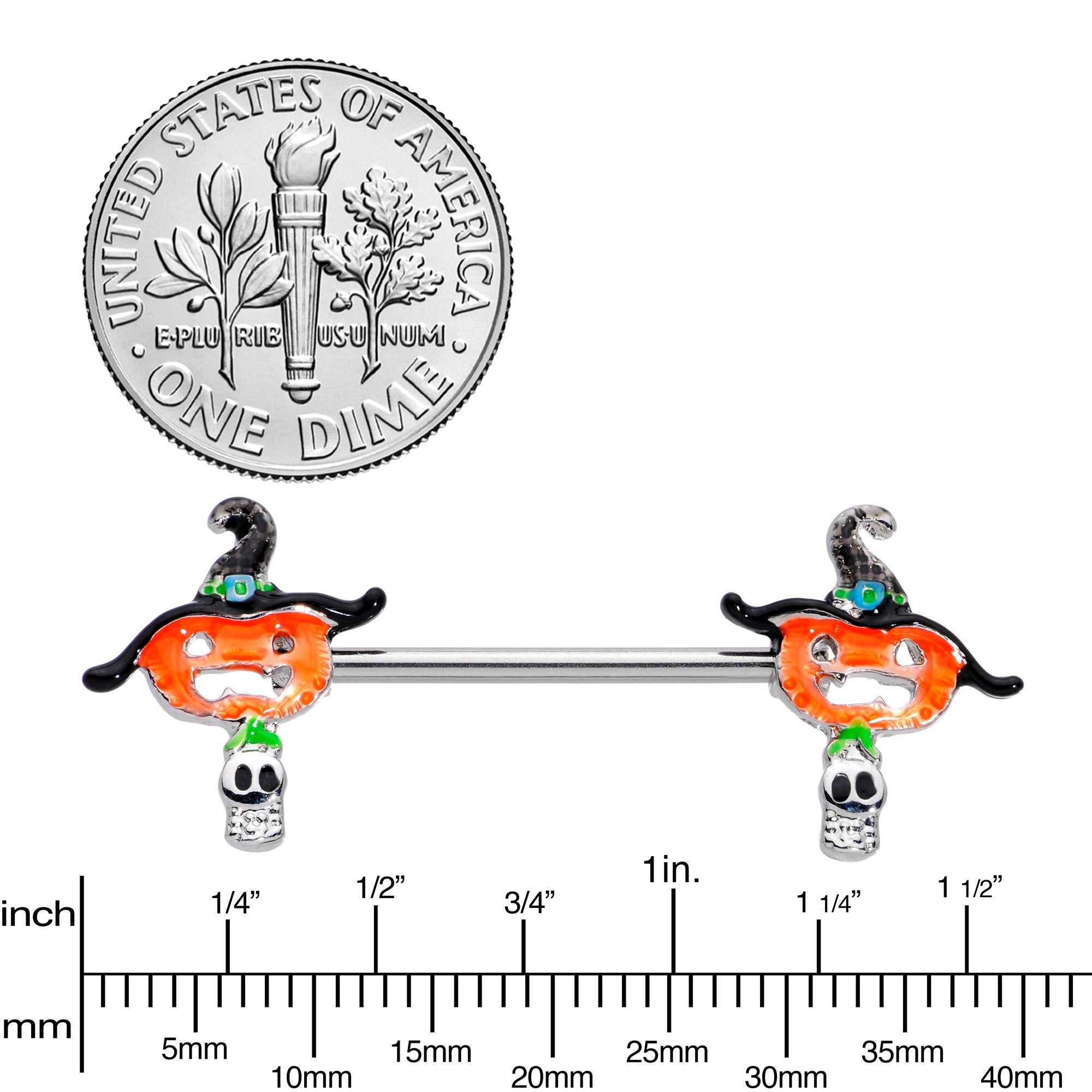BodyCandy 14G 9/16 Pumpkin Witch Ghost Halloween Barbell Nipple Ring Set — side view