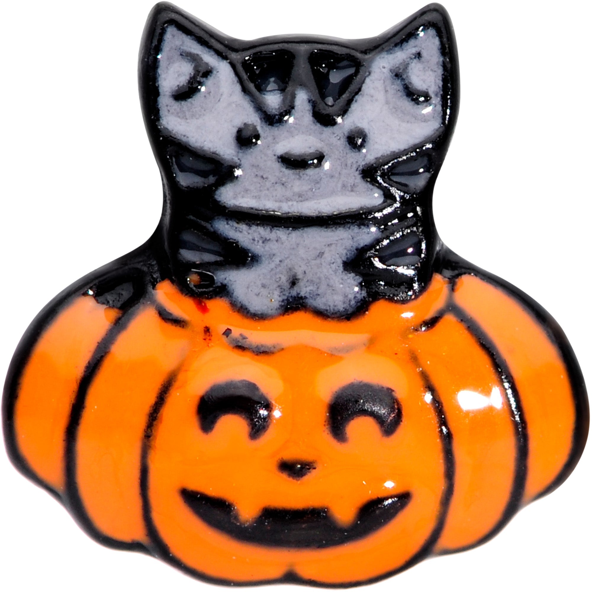 BodyCandy 16G 5/16 Black Cat Surprise Pumpkin Halloween Labret Tragus — detail close-up
