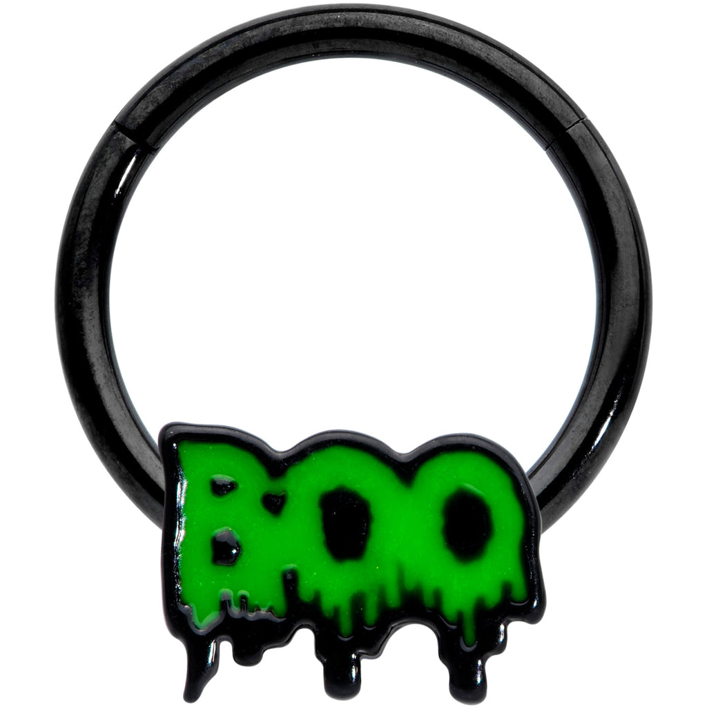 BodyCandy 16G 3/8 Black Green Spooky Boo Halloween Hinged Segment Ring — main product shot
