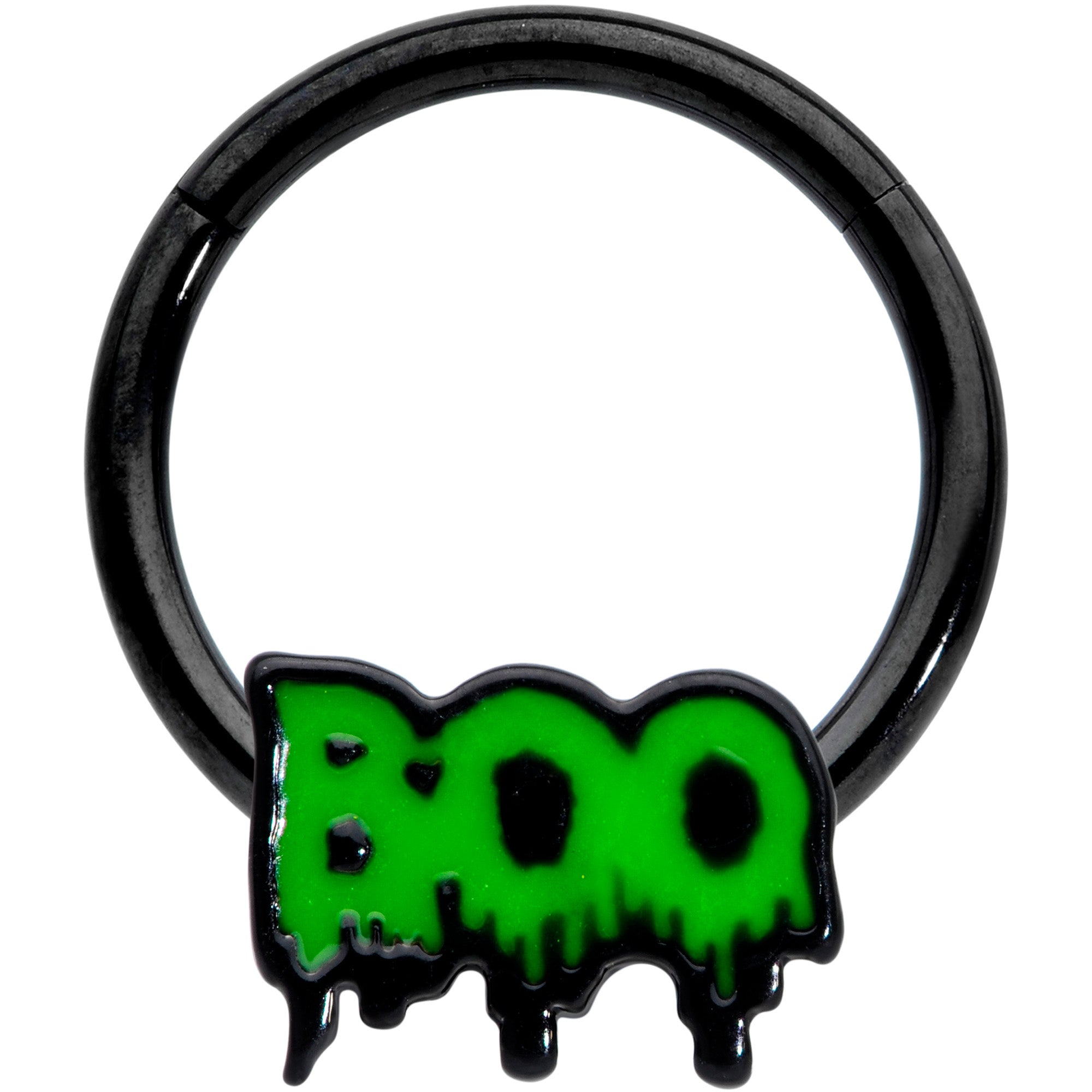 BodyCandy 16G 3/8 Black Green Spooky Boo Halloween Hinged Segment Ring — main product shot