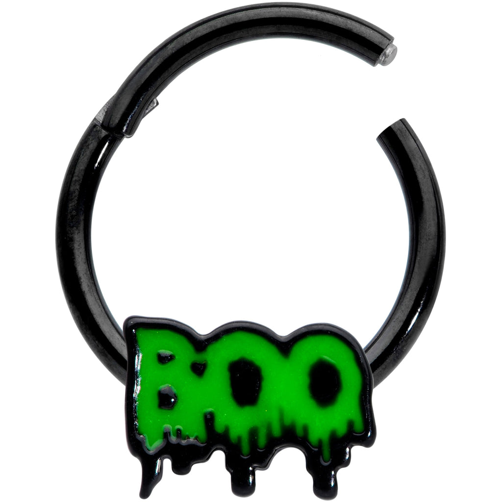 BodyCandy 16G 3/8 Black Green Spooky Boo Halloween Hinged Segment Ring — detail close-up
