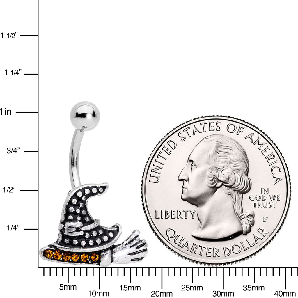 BodyCandy Yellow Gem Witch Hat Broom Halloween Belly Ring — detail close-up