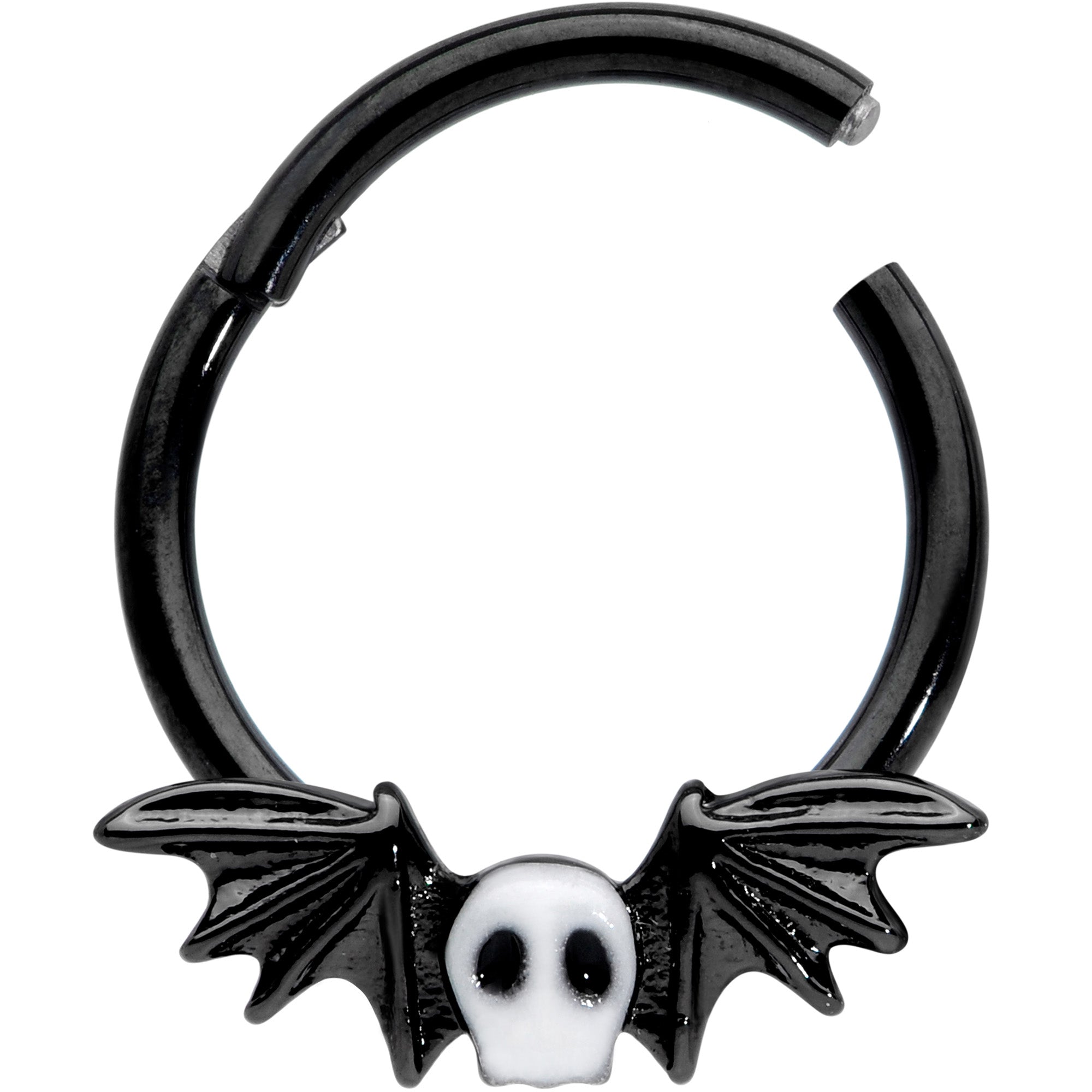 BodyCandy 16G 3/8 Wing Skull Memento Mori Halloween Hinged Segment Ring — detail close-up