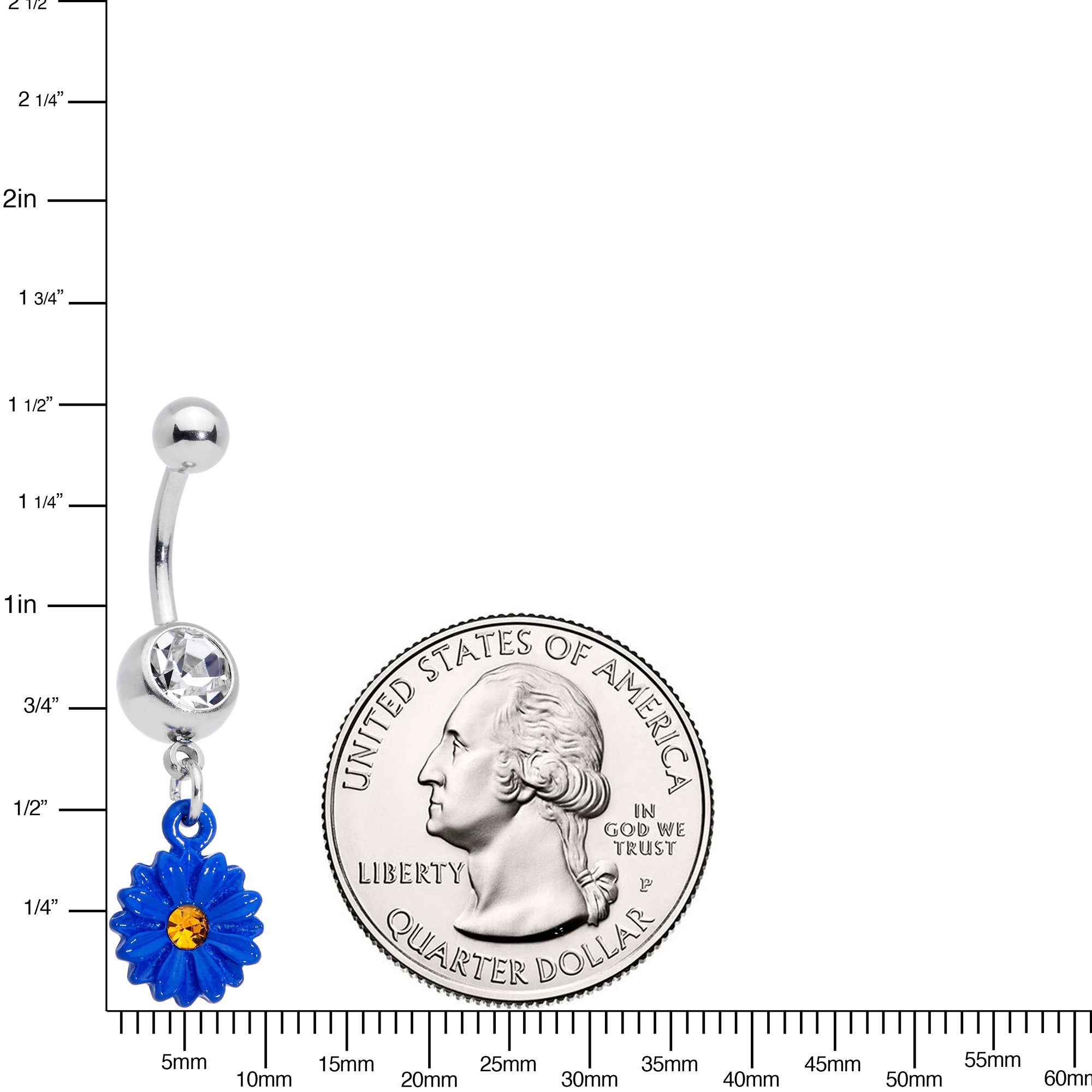 BodyCandy Clear Yellow Gem Blue Sunflower Dangle Belly Ring — detail close-up