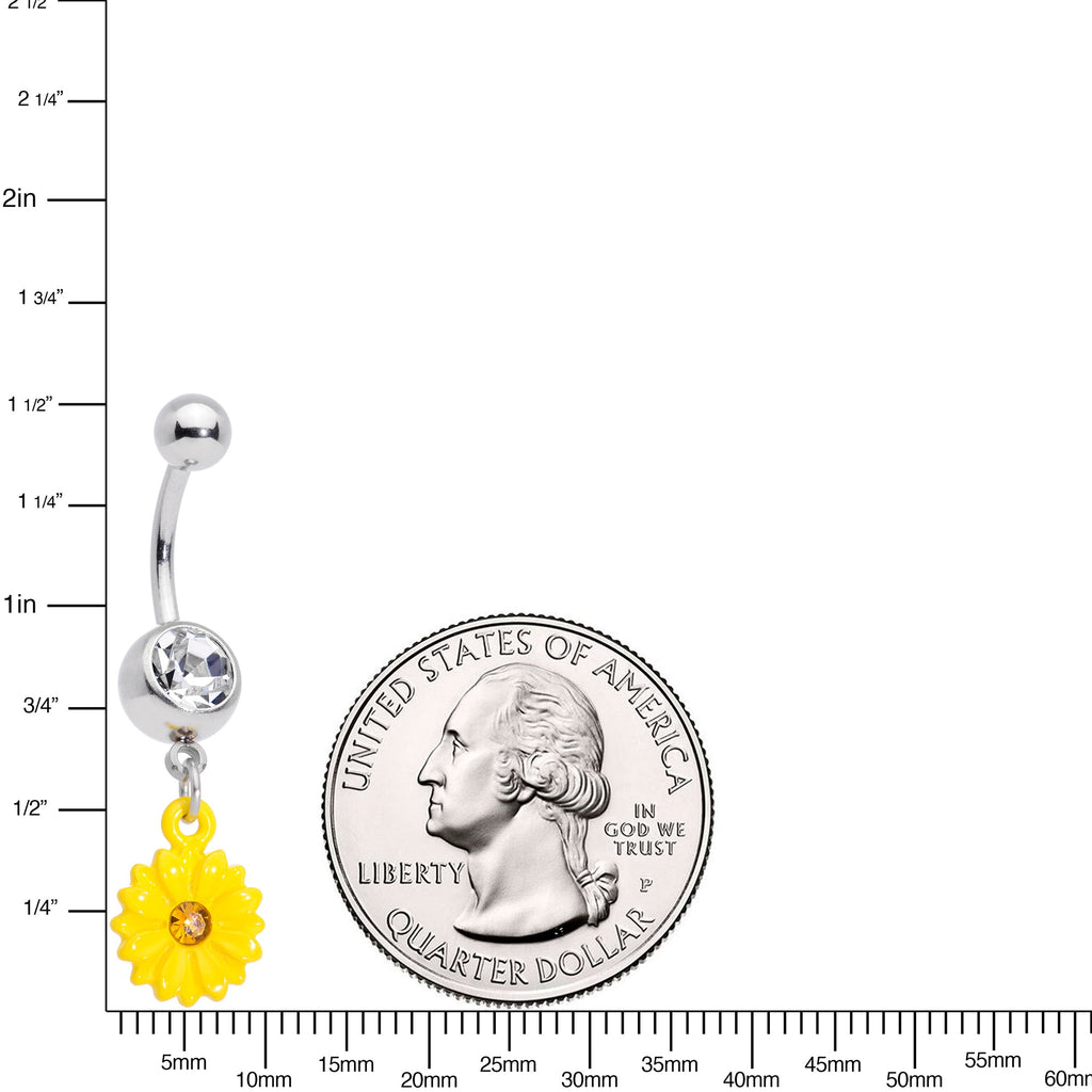 BodyCandy Clear Yellow Gem Yellow Sunflower Dangle Belly Ring — detail close-up