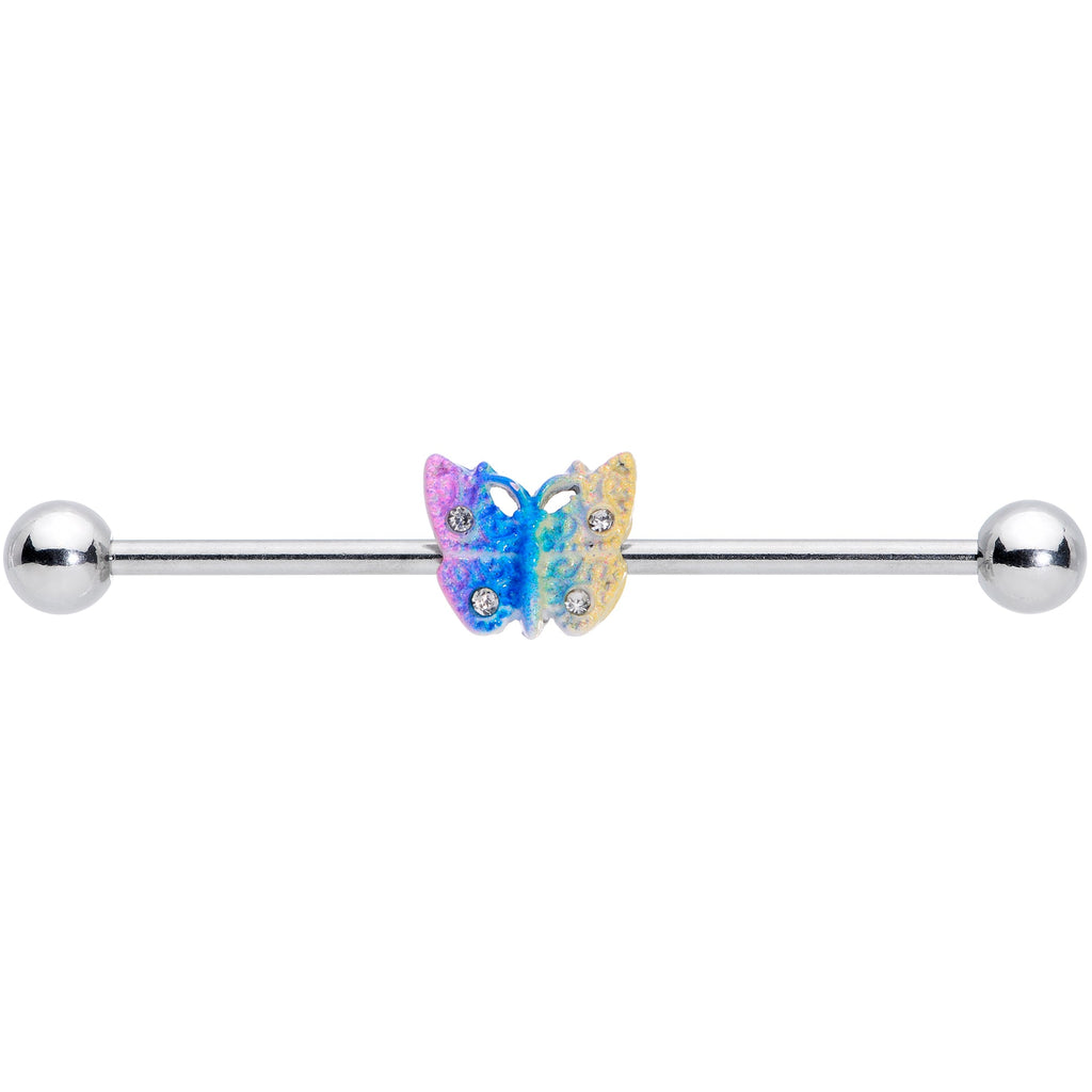 BodyCandy 14G Clear Gem Baroque Rainbow Butterfly Industrial Barbell 38mm — detail close-up