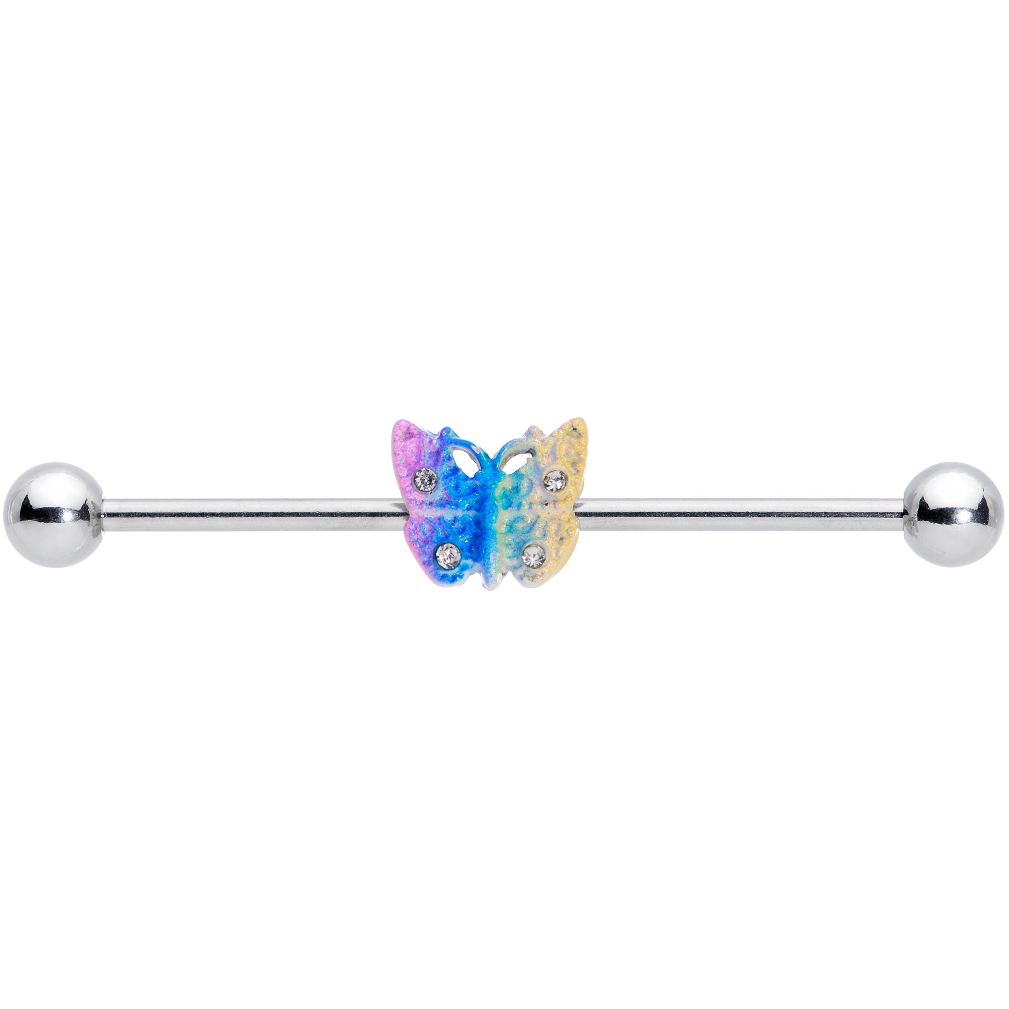 BodyCandy 14G Clear Gem Baroque Rainbow Butterfly Industrial Barbell 38mm — detail close-up