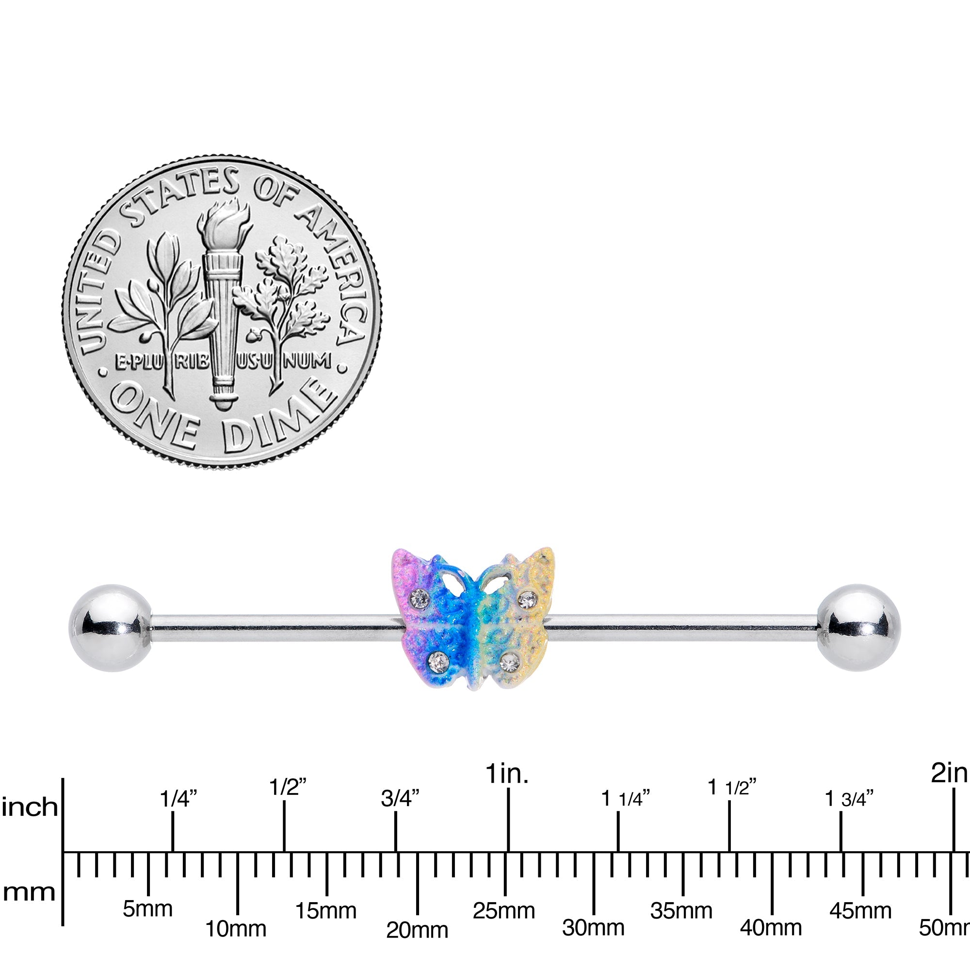 BodyCandy 14G Clear Gem Baroque Rainbow Butterfly Industrial Barbell 38mm — lifestyle context