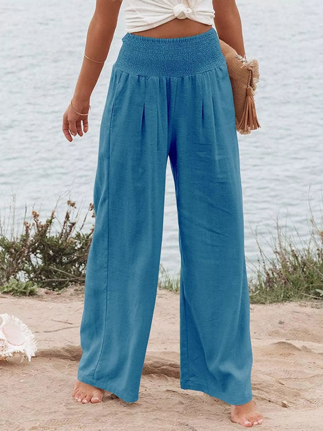 Smocked High Waisted Wide Leg Pants
