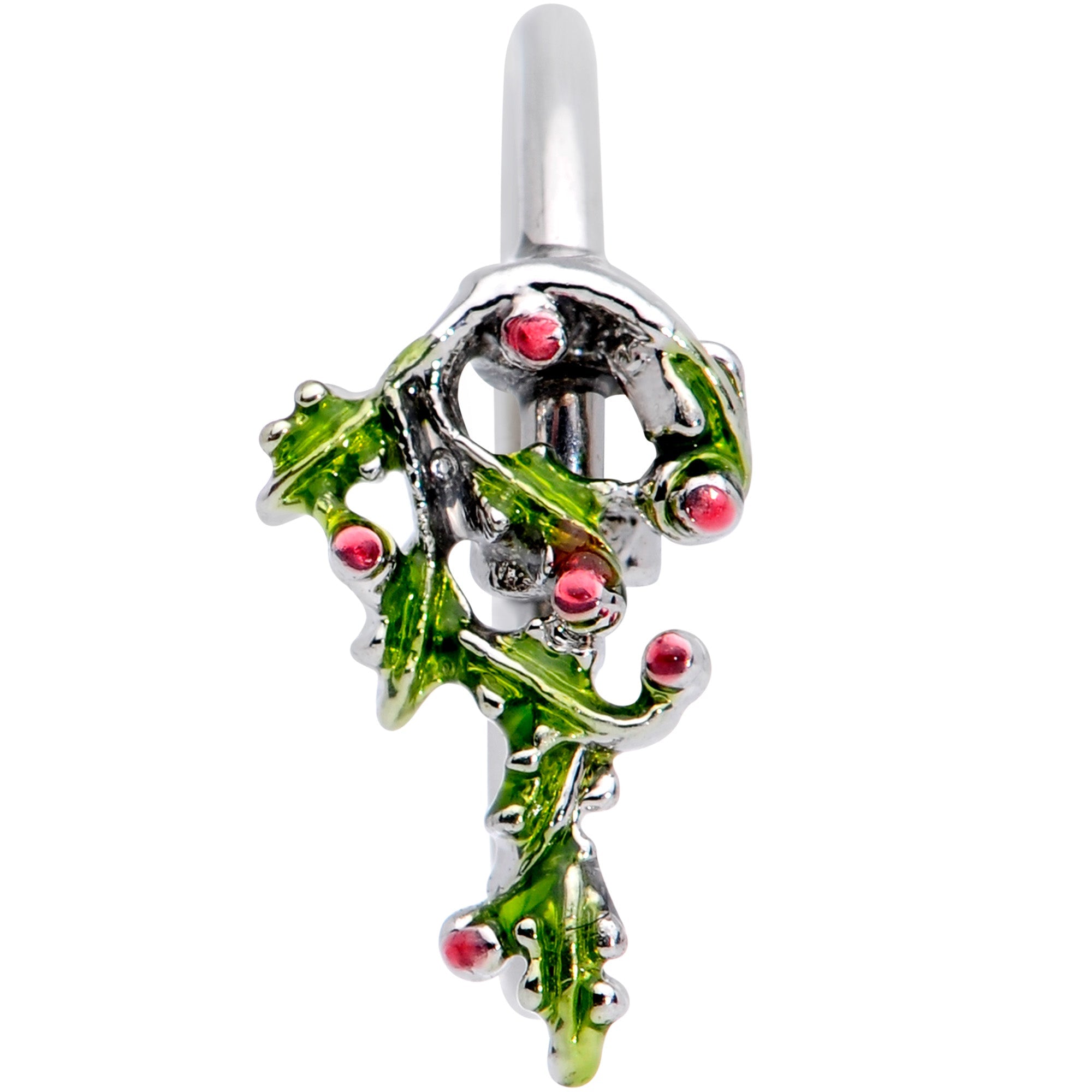BodyCandy 20G 5/16 Pink CZ Gem Candy Cane Holly Christmas Nose Hoop — detail close-up