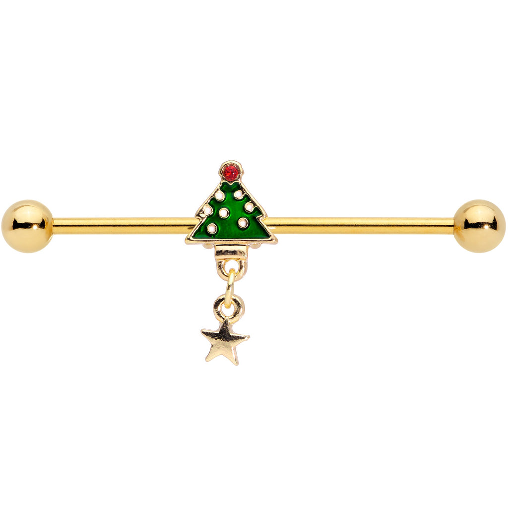 BodyCandy 14G Red Gem Star Christmas Tree Dangle Industrial Barbell 38mm — detail close-up