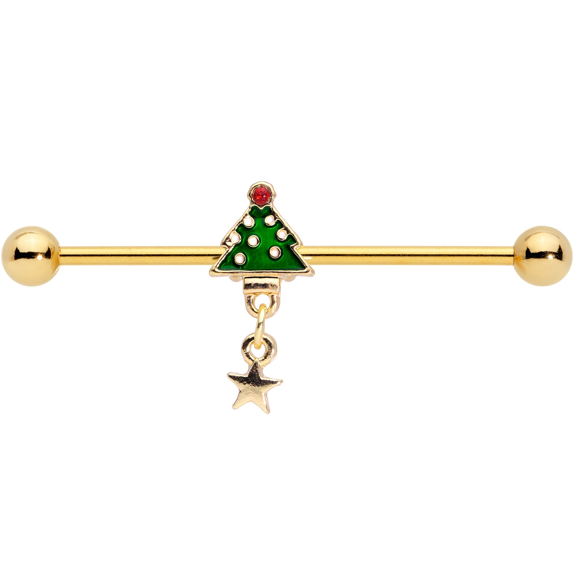 BodyCandy 14G Red Gem Star Christmas Tree Dangle Industrial Barbell 38mm — detail close-up