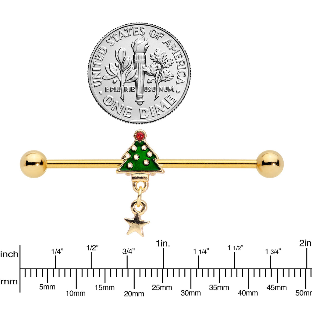 BodyCandy 14G Red Gem Star Christmas Tree Dangle Industrial Barbell 38mm — lifestyle context