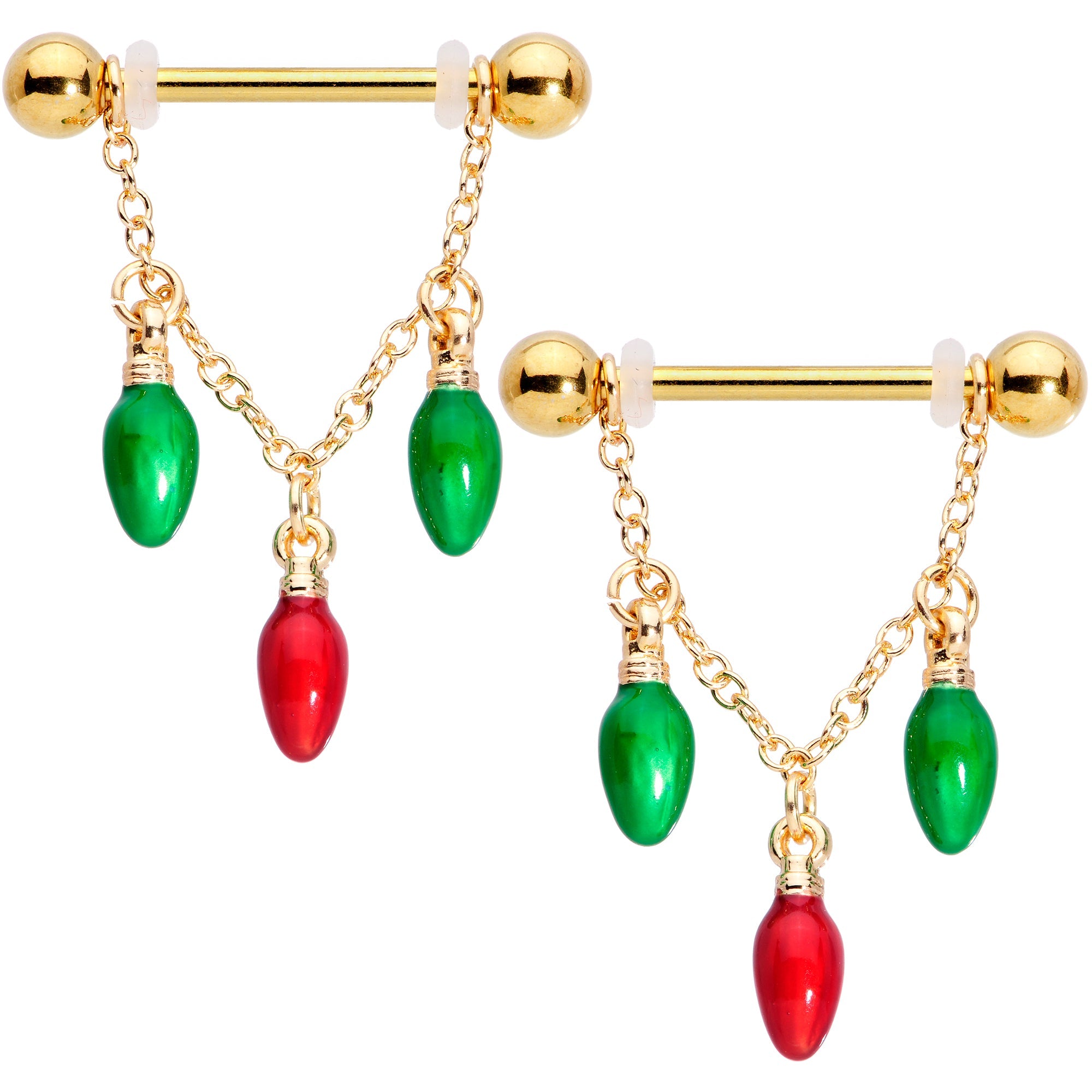 BodyCandy 14G 9/16 Gold Tone Bulb Christmas Chain Dangle Nipple Ring Set — detail close-up