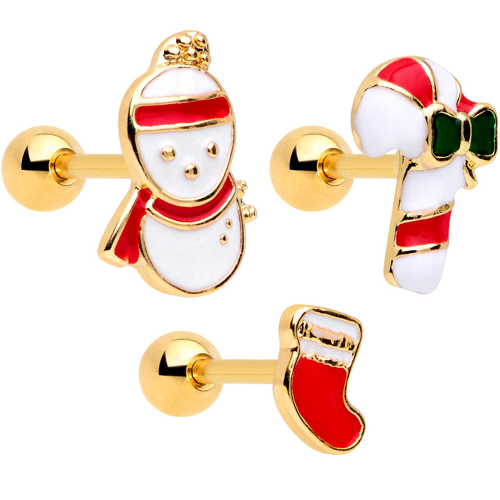 BodyCandy 16G 1/4 Gold Tone Snowman Christmas Cartilage Tragus Set of 3 — main product shot