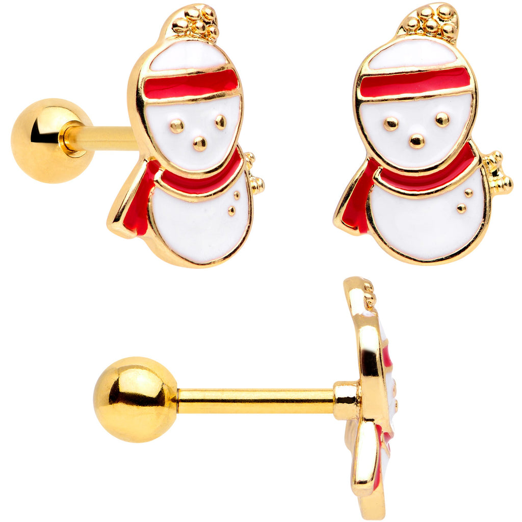 BodyCandy 16G 1/4 Gold Tone Snowman Christmas Cartilage Tragus Set of 3 — side view