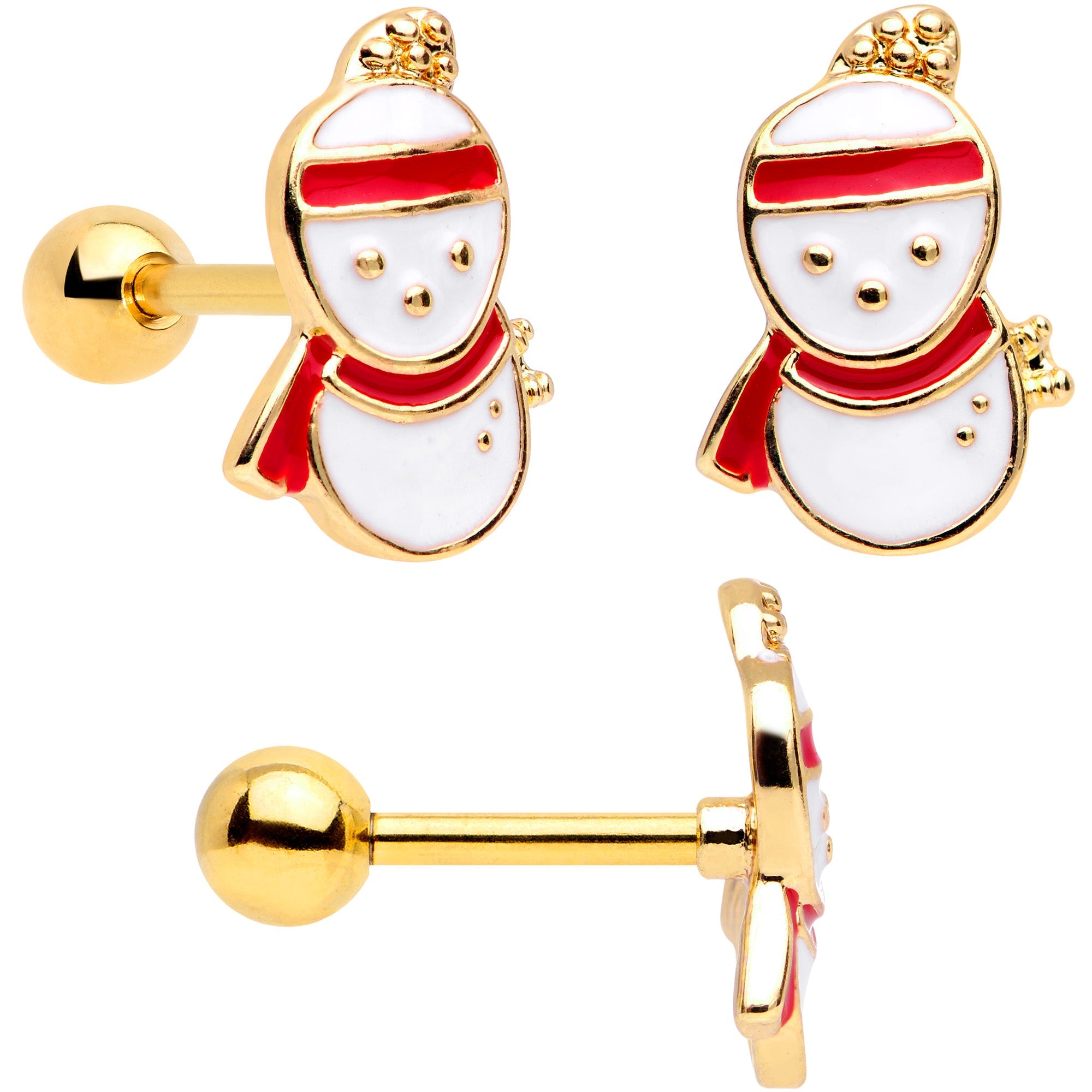 BodyCandy 16G 1/4 Gold Tone Snowman Christmas Cartilage Tragus Set of 3 — side view