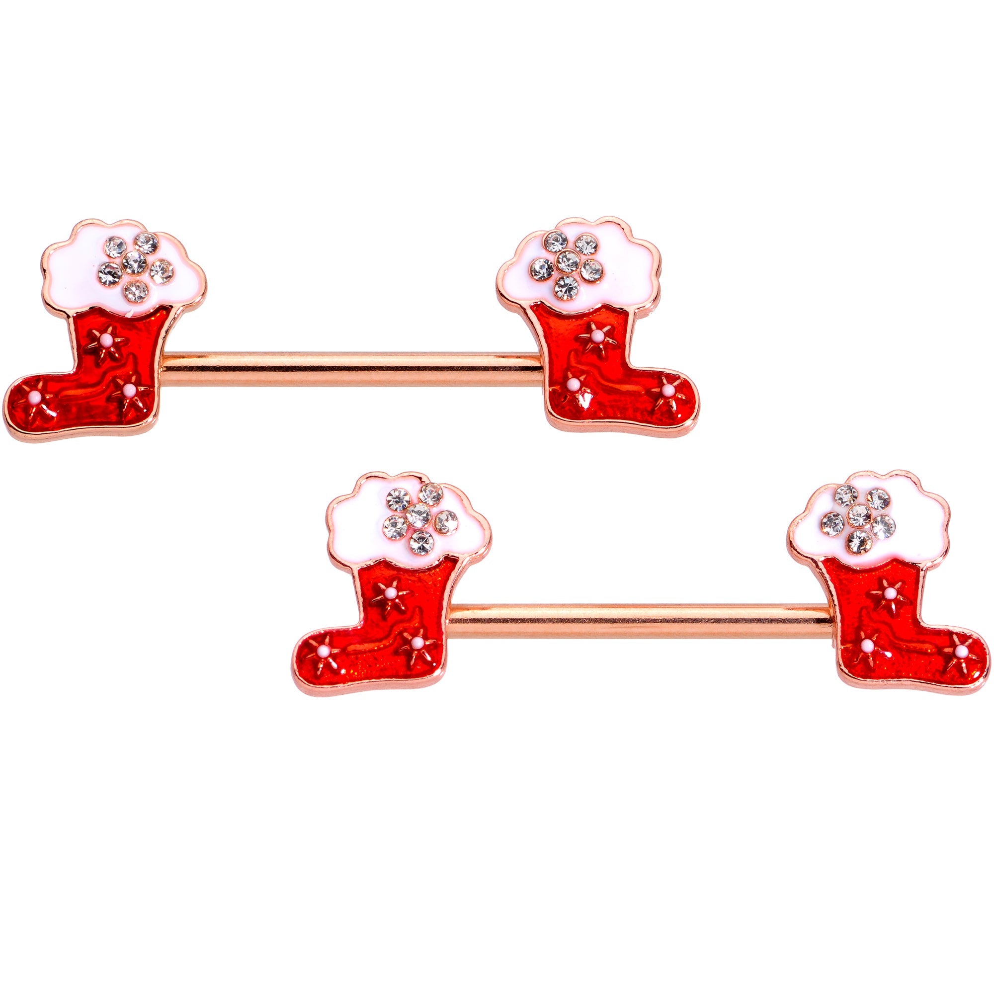 BodyCandy 14G 9/16 Rose Gold Tone Stocking Christmas Nipple Ring Set — main product shot