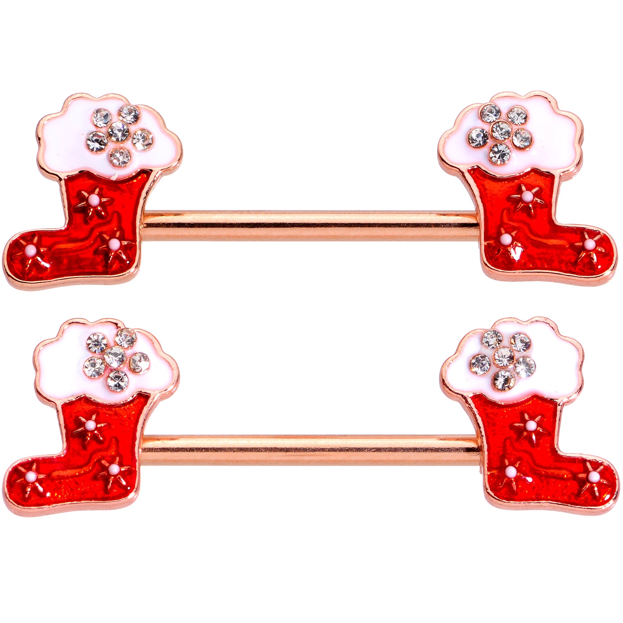 BodyCandy 14G 9/16 Rose Gold Tone Stocking Christmas Nipple Ring Set — detail close-up