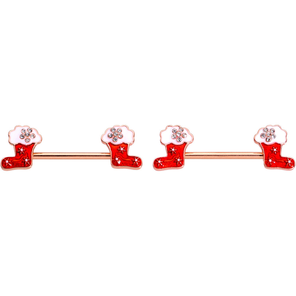 BodyCandy 14G 9/16 Rose Gold Tone Stocking Christmas Nipple Ring Set — lifestyle context