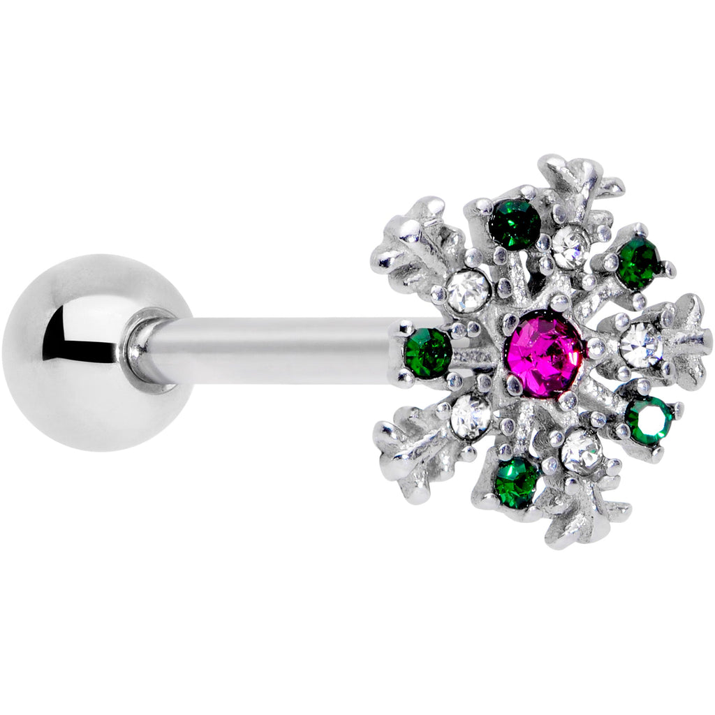 BodyCandy Clear Pink Green Gem Snowflake Christmas Barbell Tongue Ring — main product shot