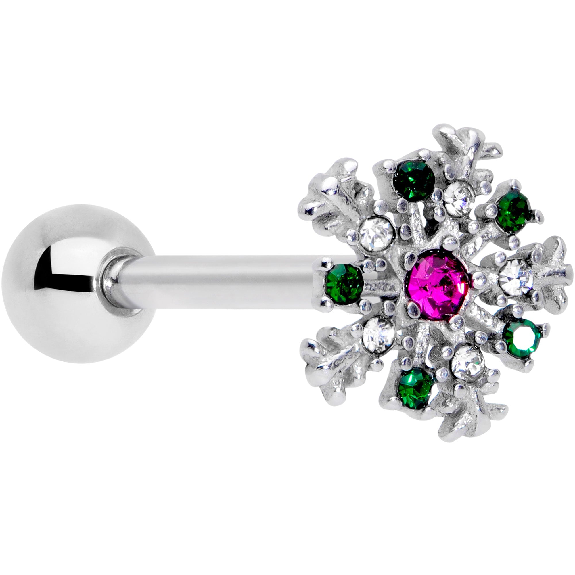 BodyCandy Clear Pink Green Gem Snowflake Christmas Barbell Tongue Ring — main product shot