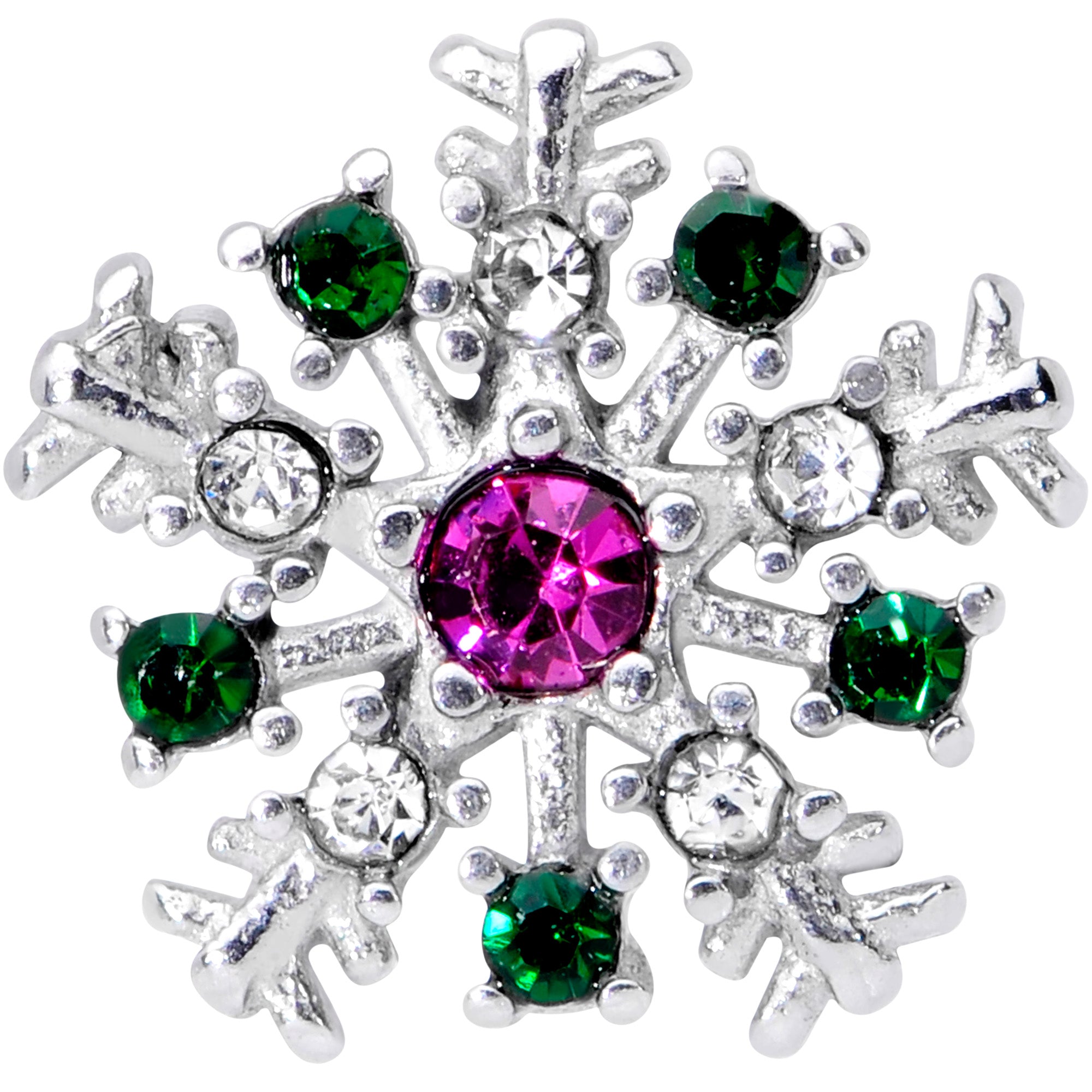 BodyCandy Clear Pink Green Gem Snowflake Christmas Barbell Tongue Ring — detail close-up