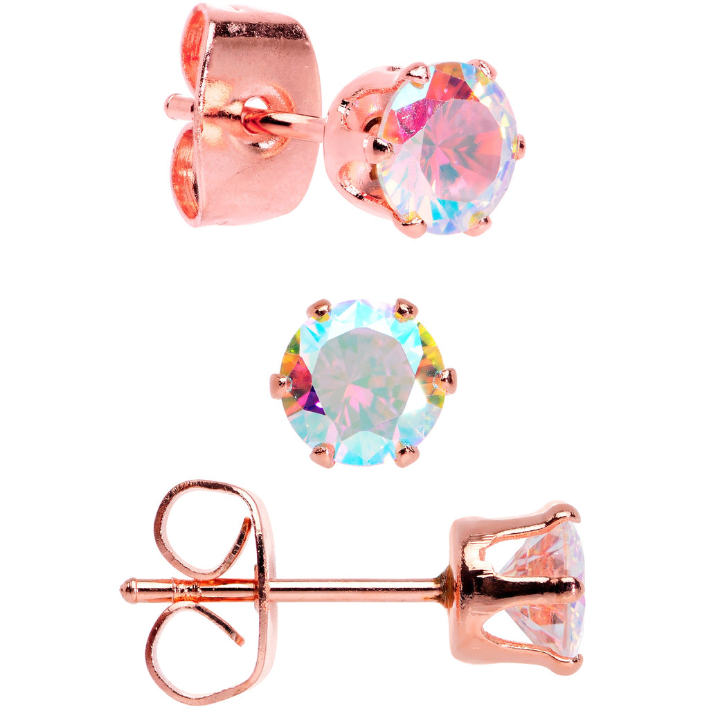 BodyCandy 20G Aurora CZ Gem Rose Gold Tone Post Stud Earring Set of 6 — detail close-up