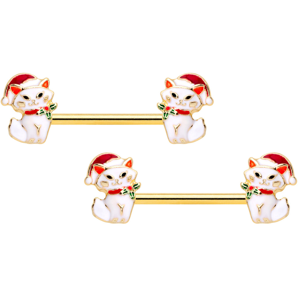 BodyCandy 14G 9/16 Gold Tone Cat Santa Christmas Barbell Nipple Ring Set — main product shot