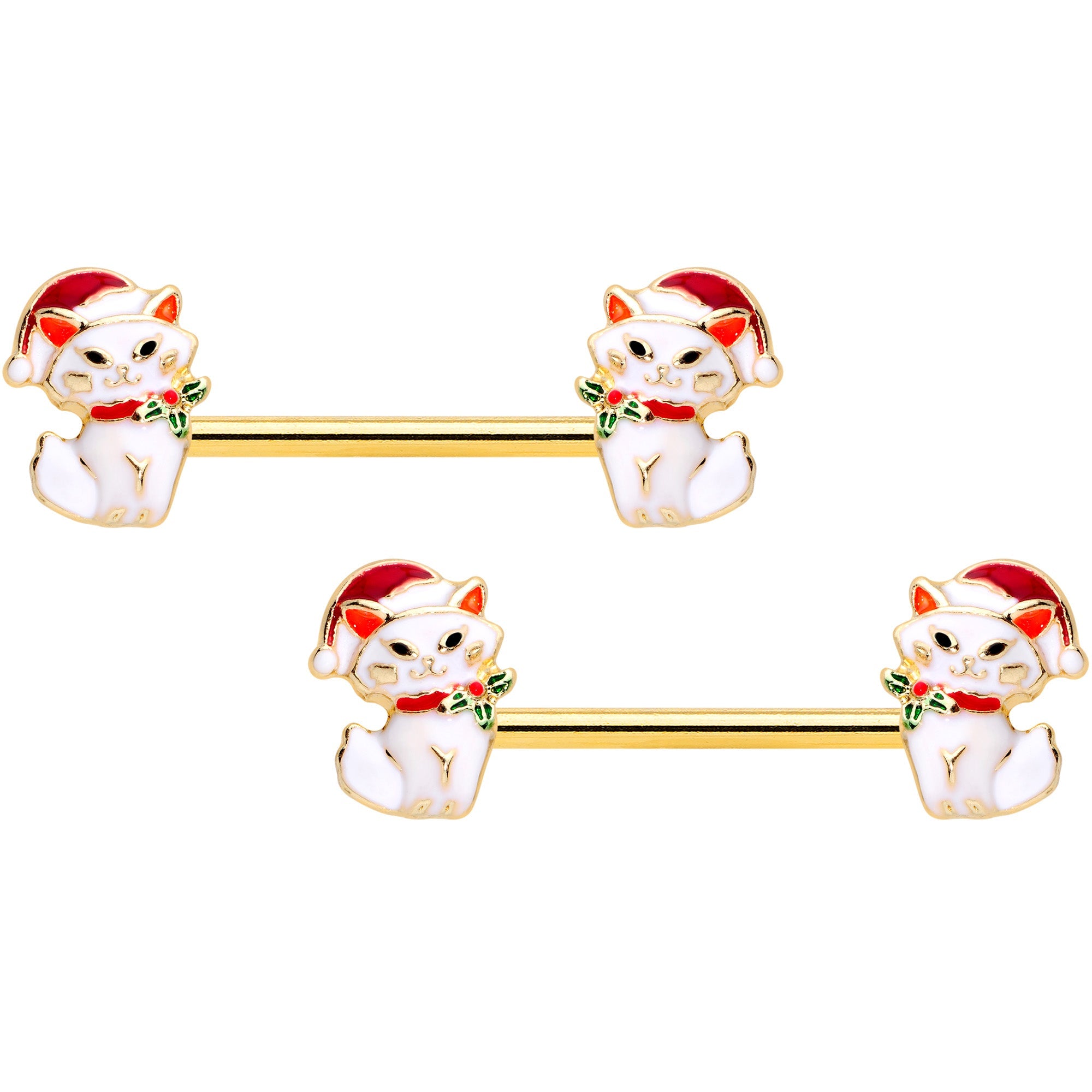 BodyCandy 14G 9/16 Gold Tone Cat Santa Christmas Barbell Nipple Ring Set — main product shot