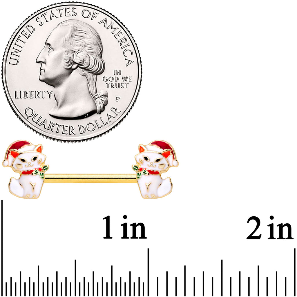 BodyCandy 14G 9/16 Gold Tone Cat Santa Christmas Barbell Nipple Ring Set — detail close-up