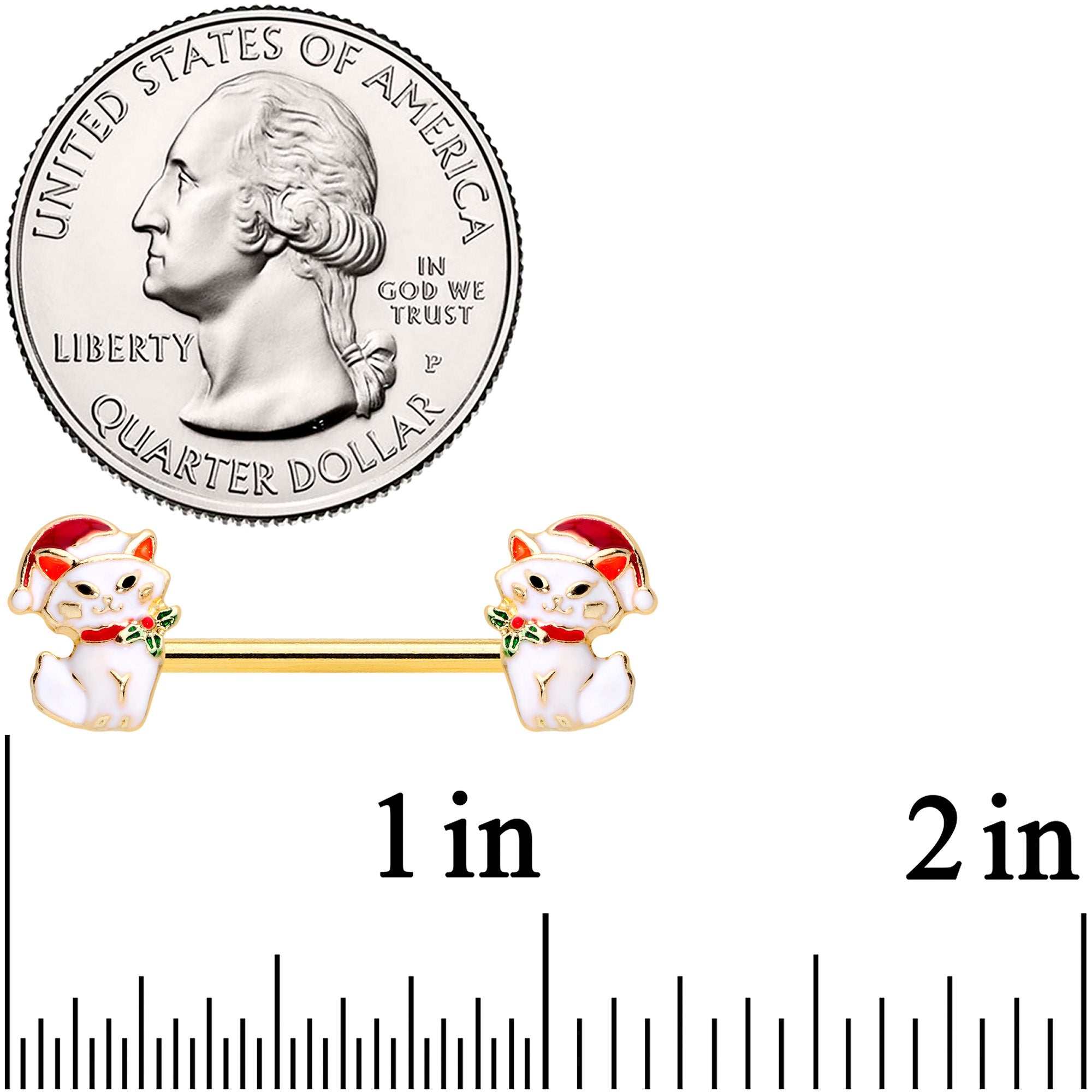 BodyCandy 14G 9/16 Gold Tone Cat Santa Christmas Barbell Nipple Ring Set — detail close-up
